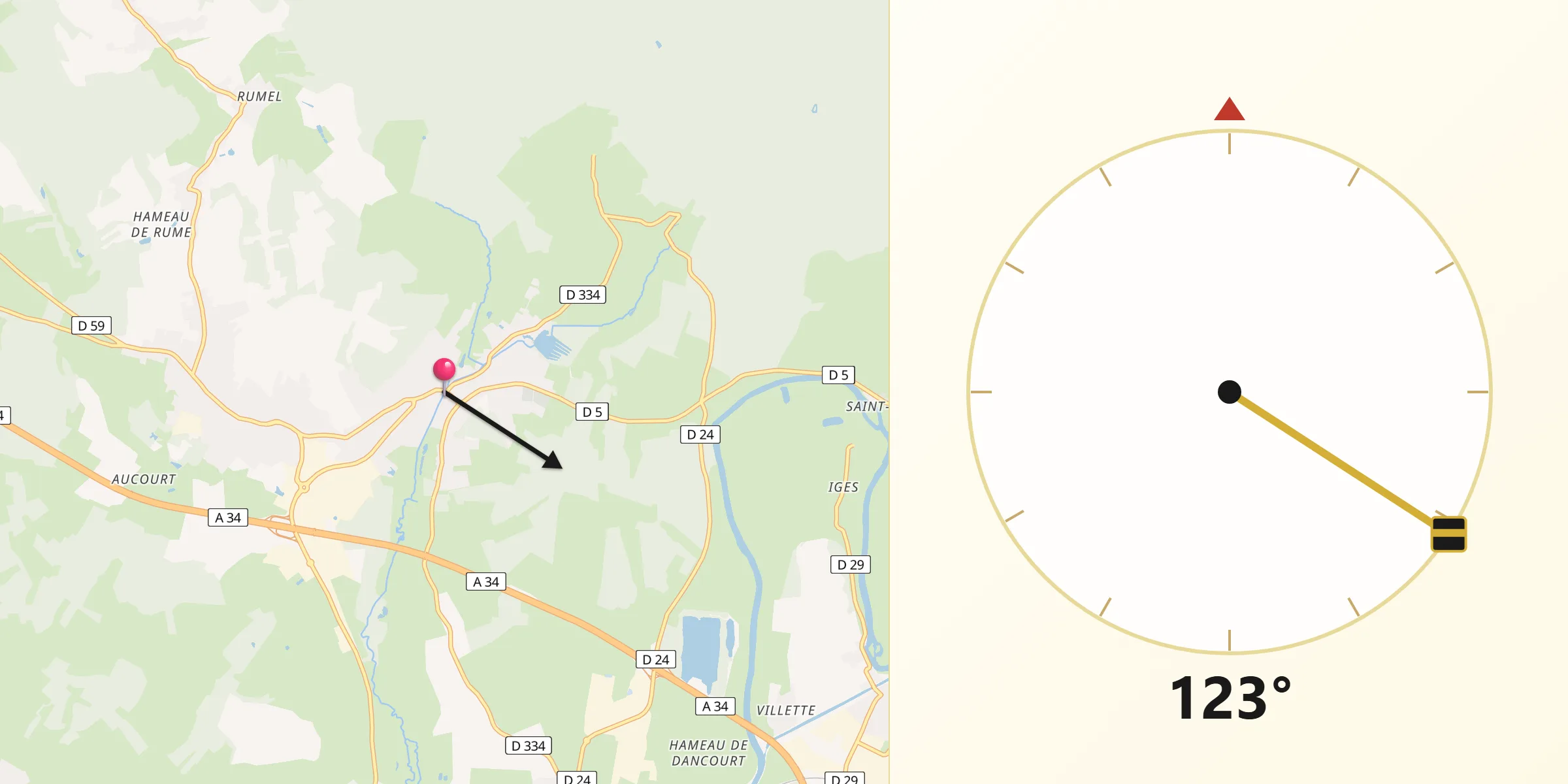 Direction vers la Qibla depuis Vrigne-aux-Bois