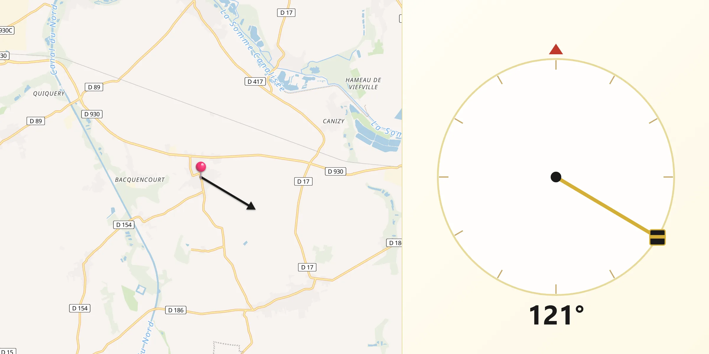 Direction vers la Qibla depuis Hombleux