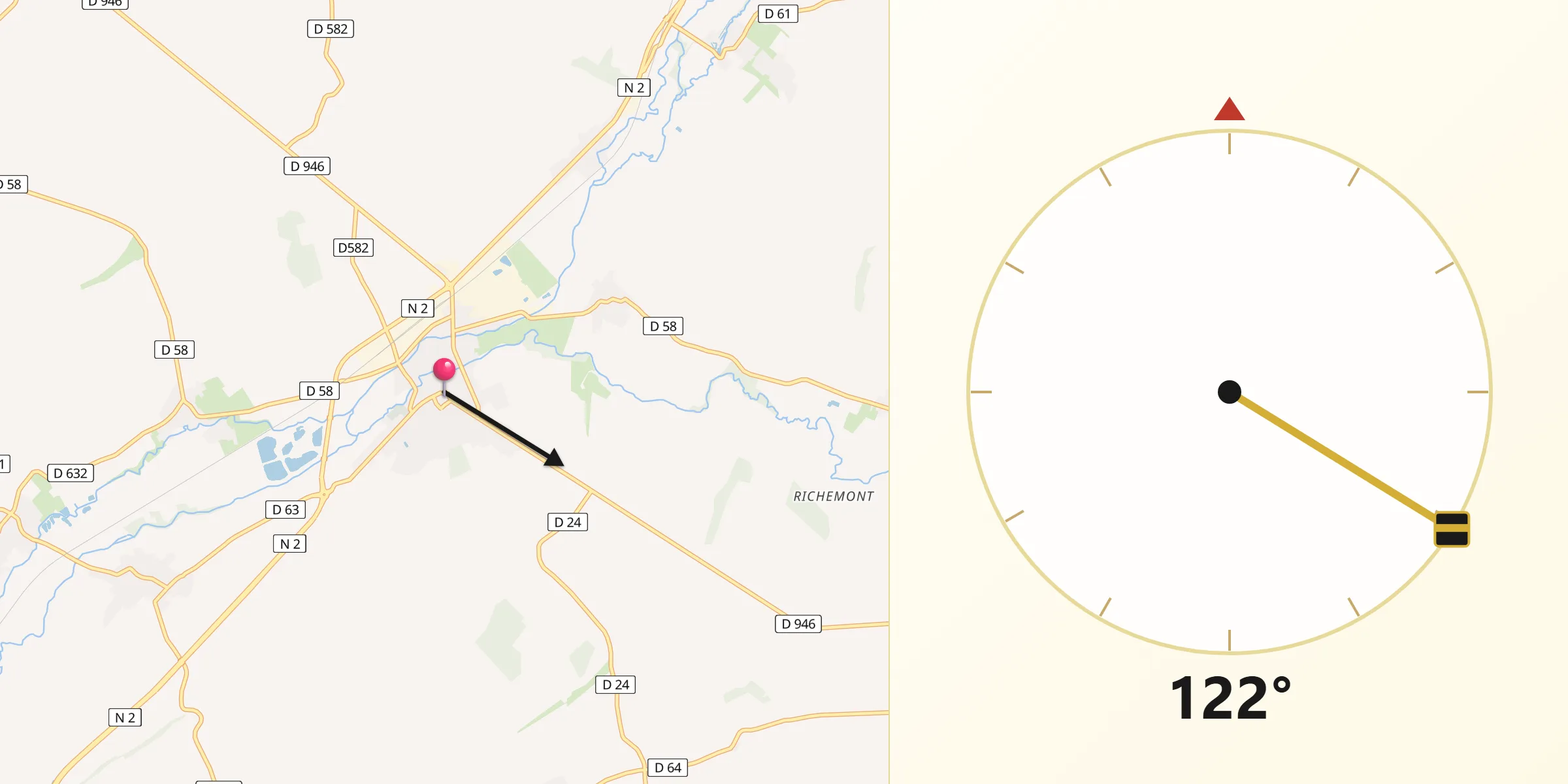 Direction vers la Qibla depuis Marle