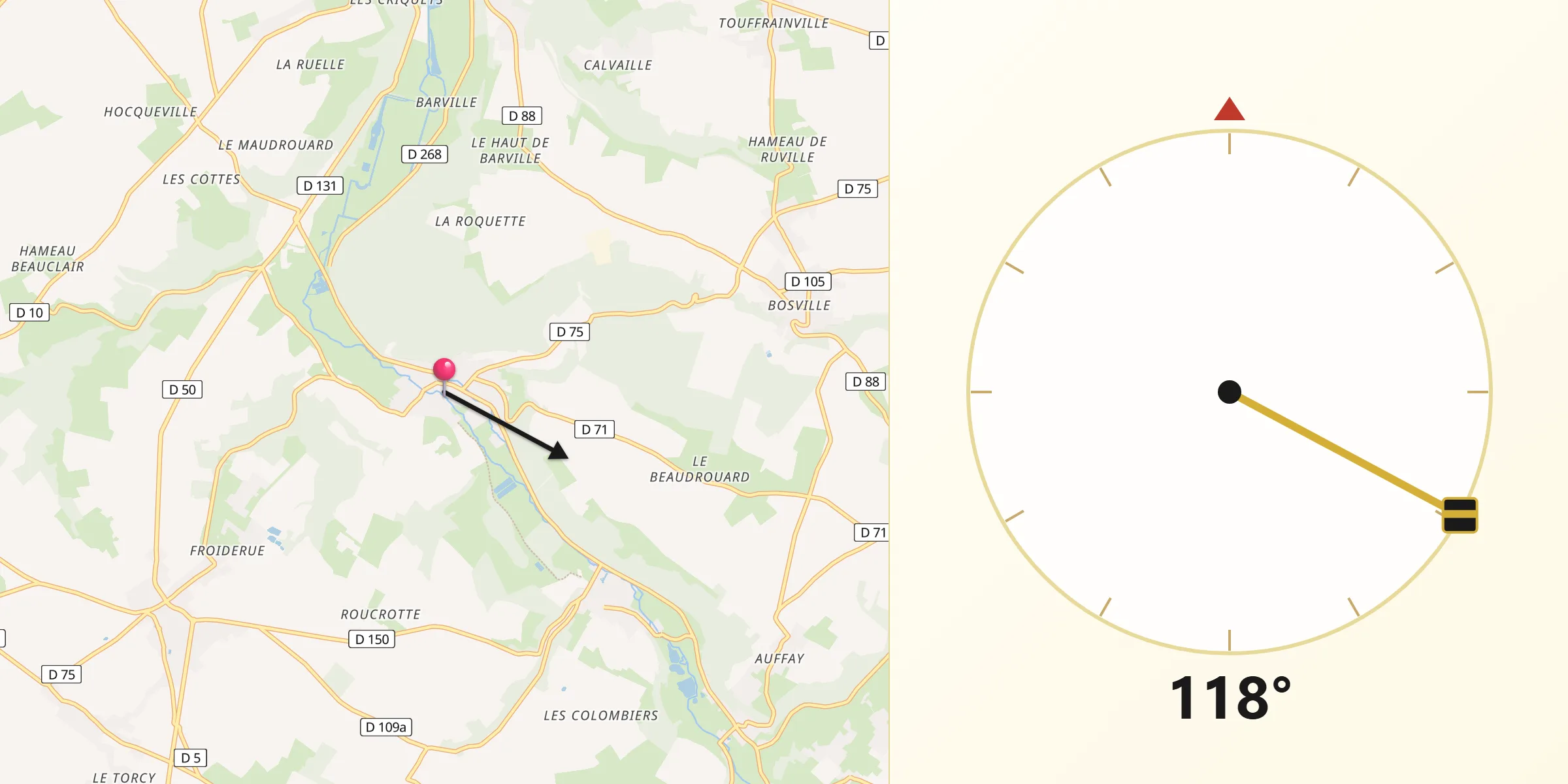 Direction vers la Qibla depuis Grainville-la-Teinturière
