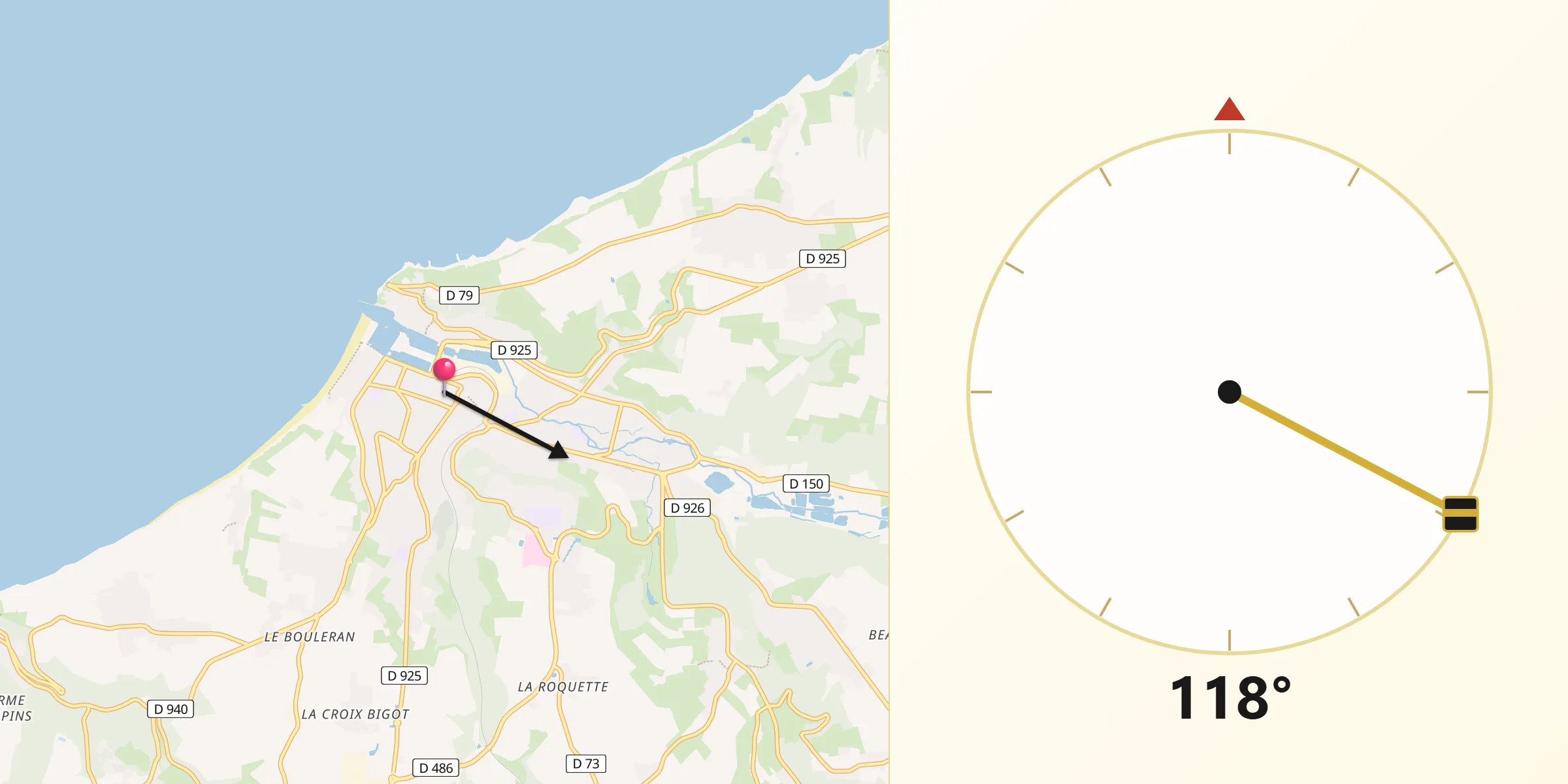Direction vers la Qibla depuis Fécamp