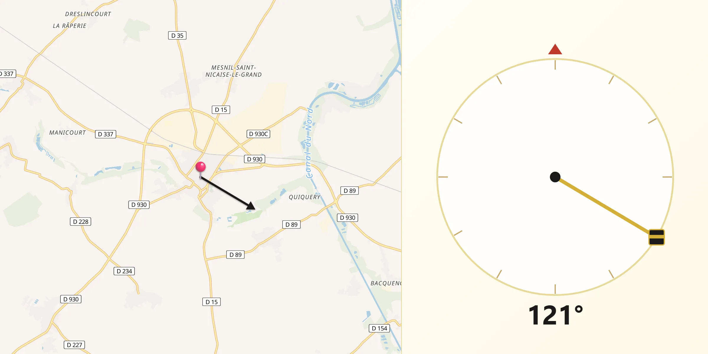 Direction vers la Qibla depuis Nesle