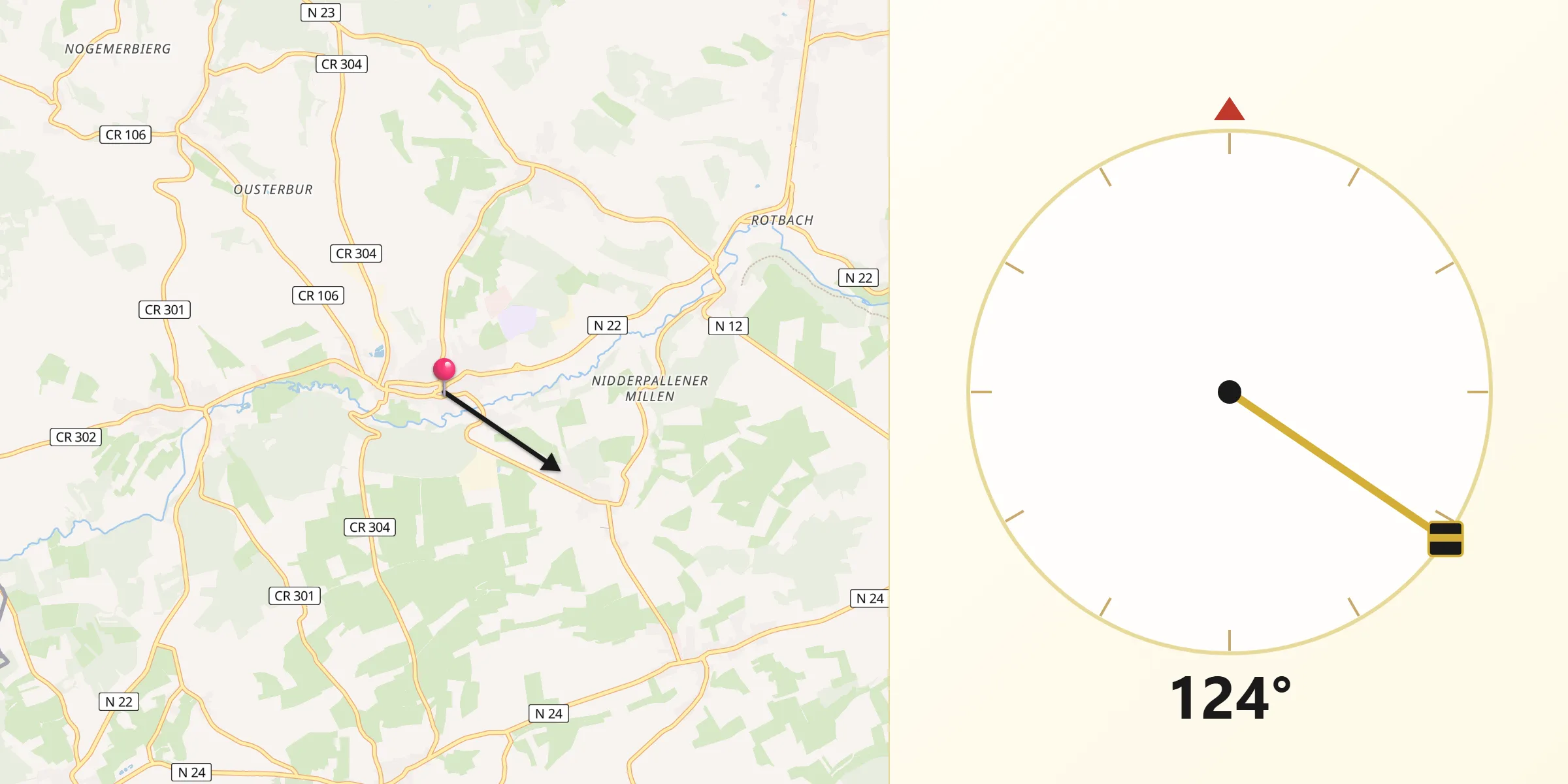 Qibla-Richtung von Redange-sur-Attert