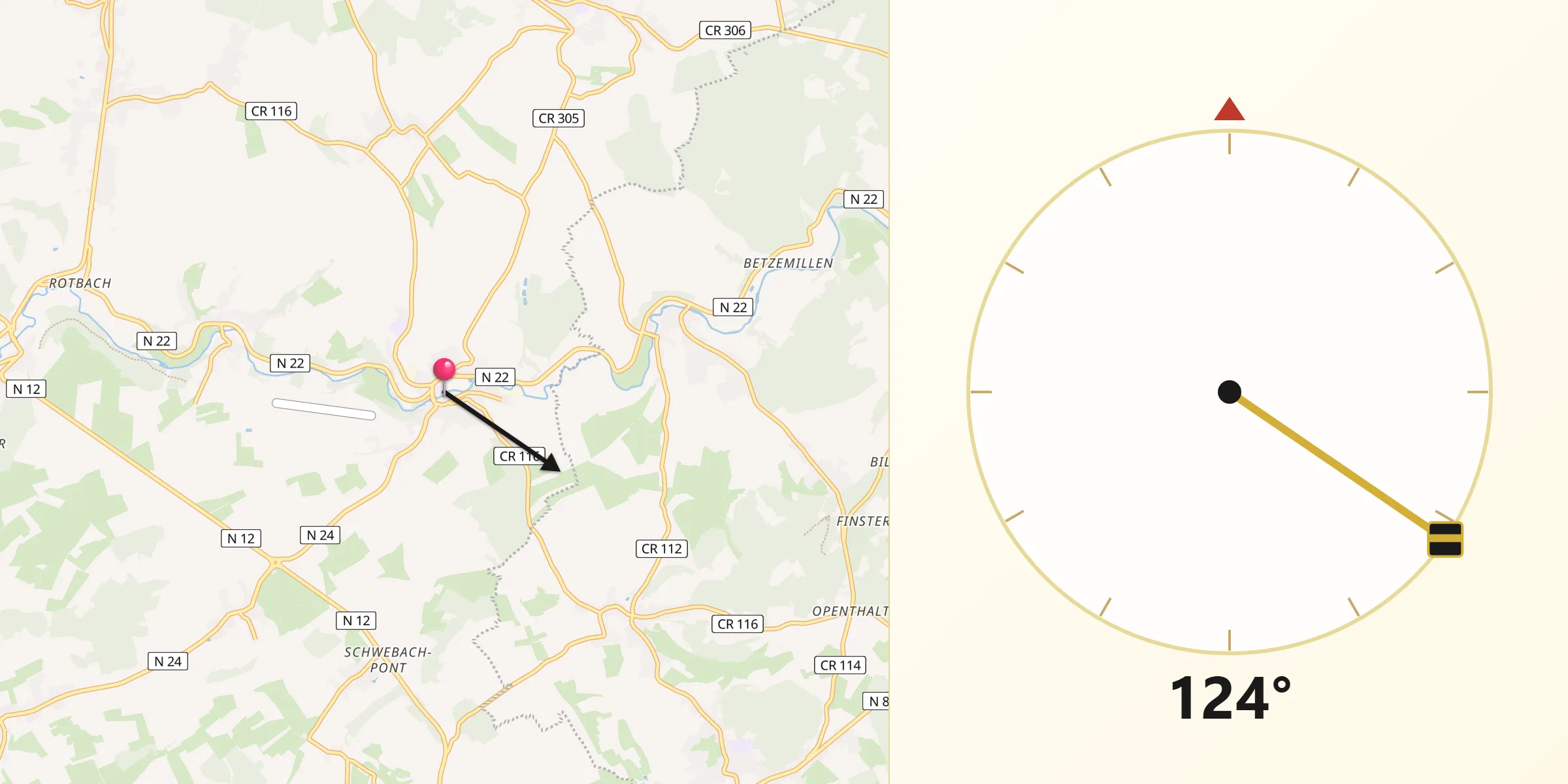 Direction vers la Qibla depuis Useldange