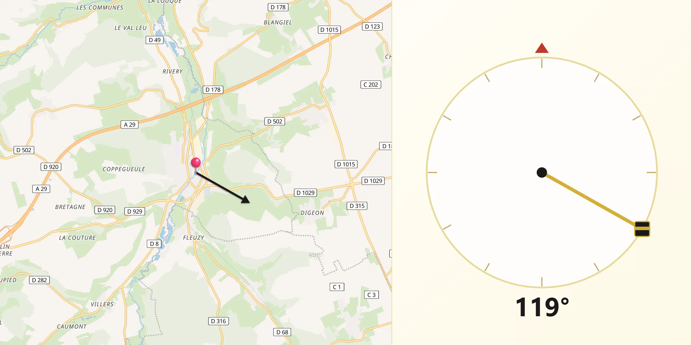 Direction vers la Qibla depuis Aumale
