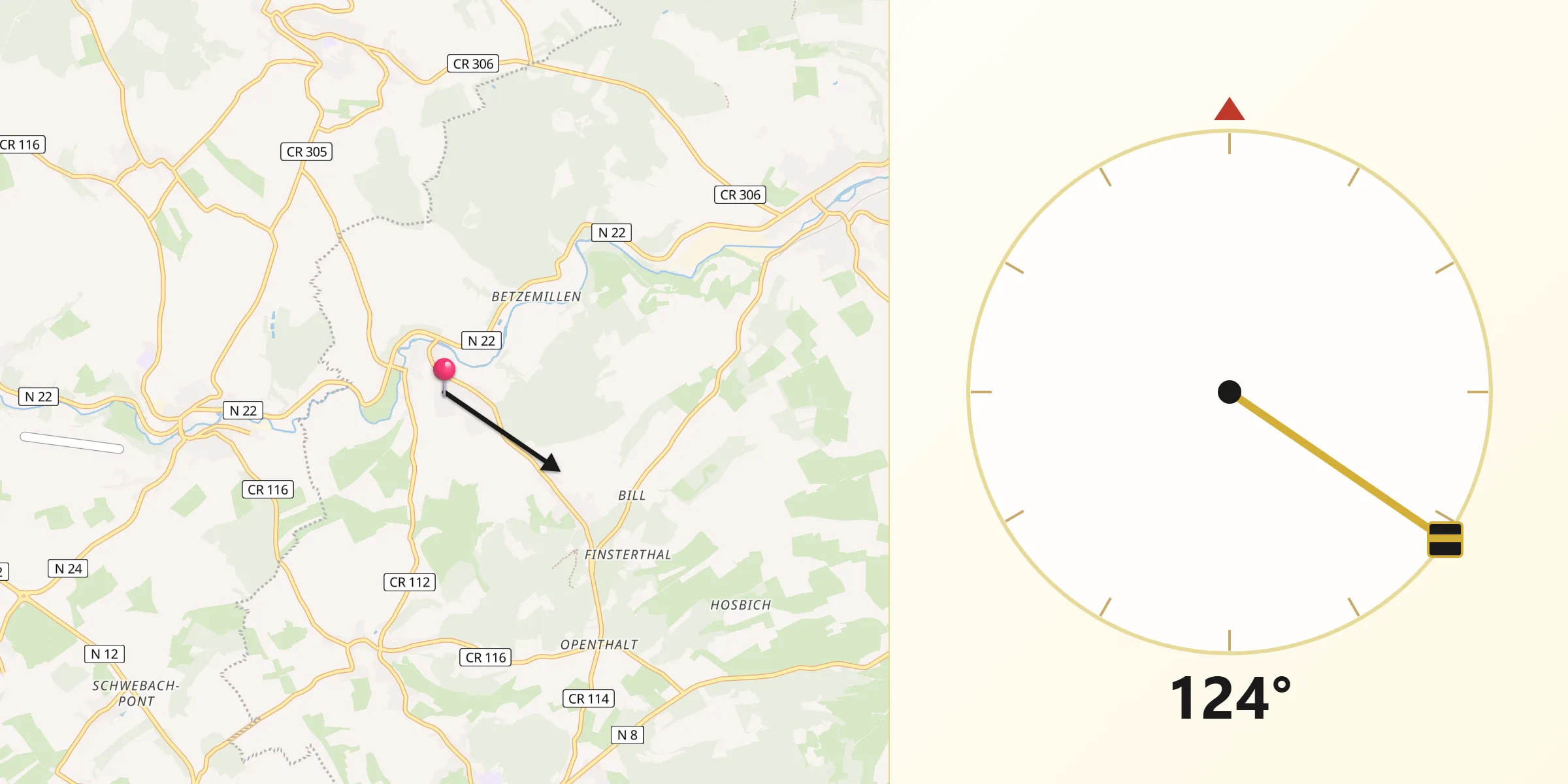 Qibla-Richtung von Boevange-sur-Attert