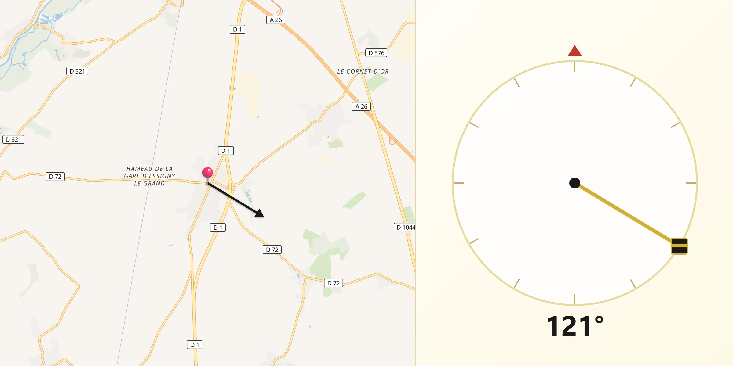 Direction vers la Qibla depuis Essigny-le-Grand