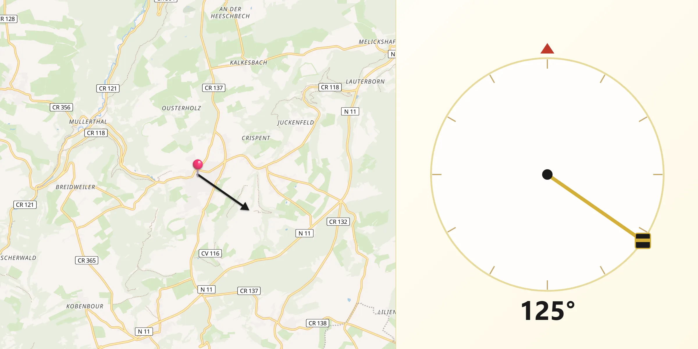 Direction vers la Qibla depuis Consdorf