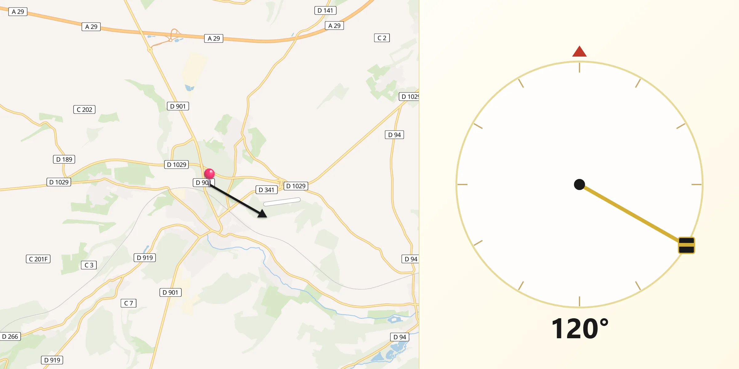 Direction vers la Qibla depuis Poix-de-Picardie