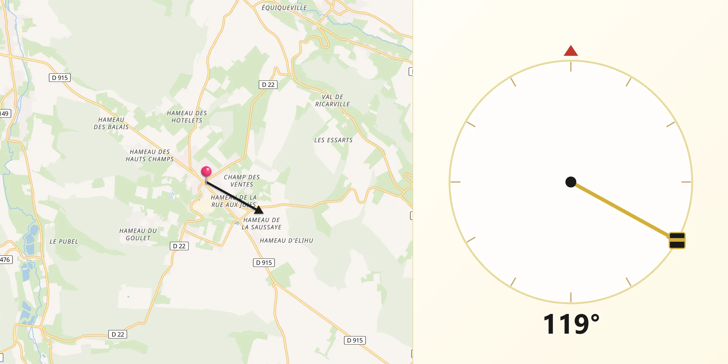 Direction vers la Qibla depuis Les Grandes-Ventes