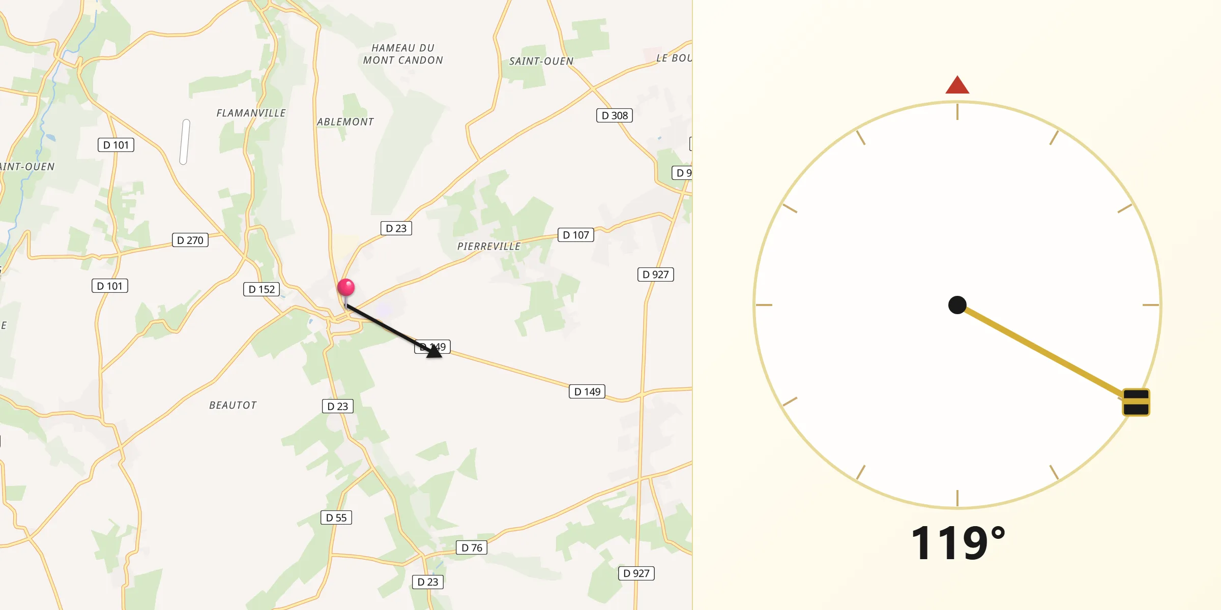 Direction vers la Qibla depuis Bacqueville-en-Caux