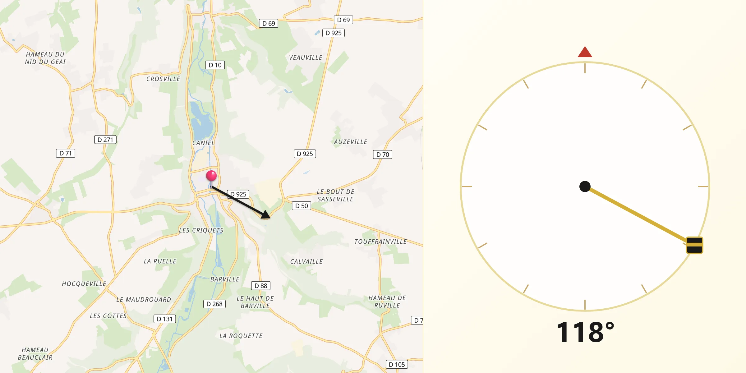 Direction vers la Qibla depuis Cany-Barville