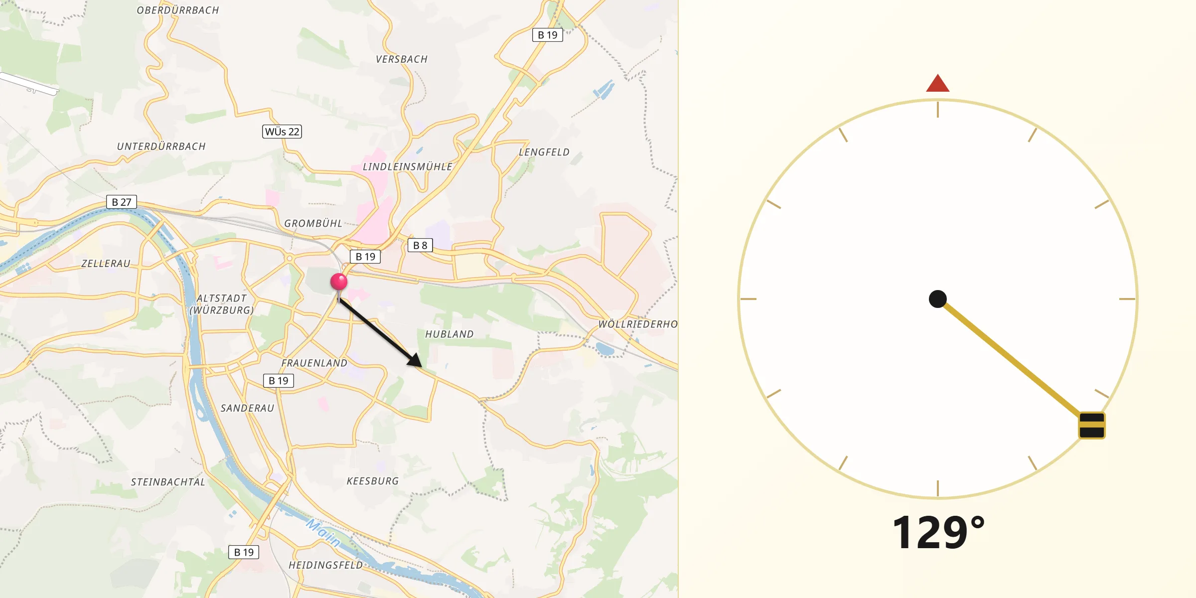 Qibla-Richtung von Würzburg