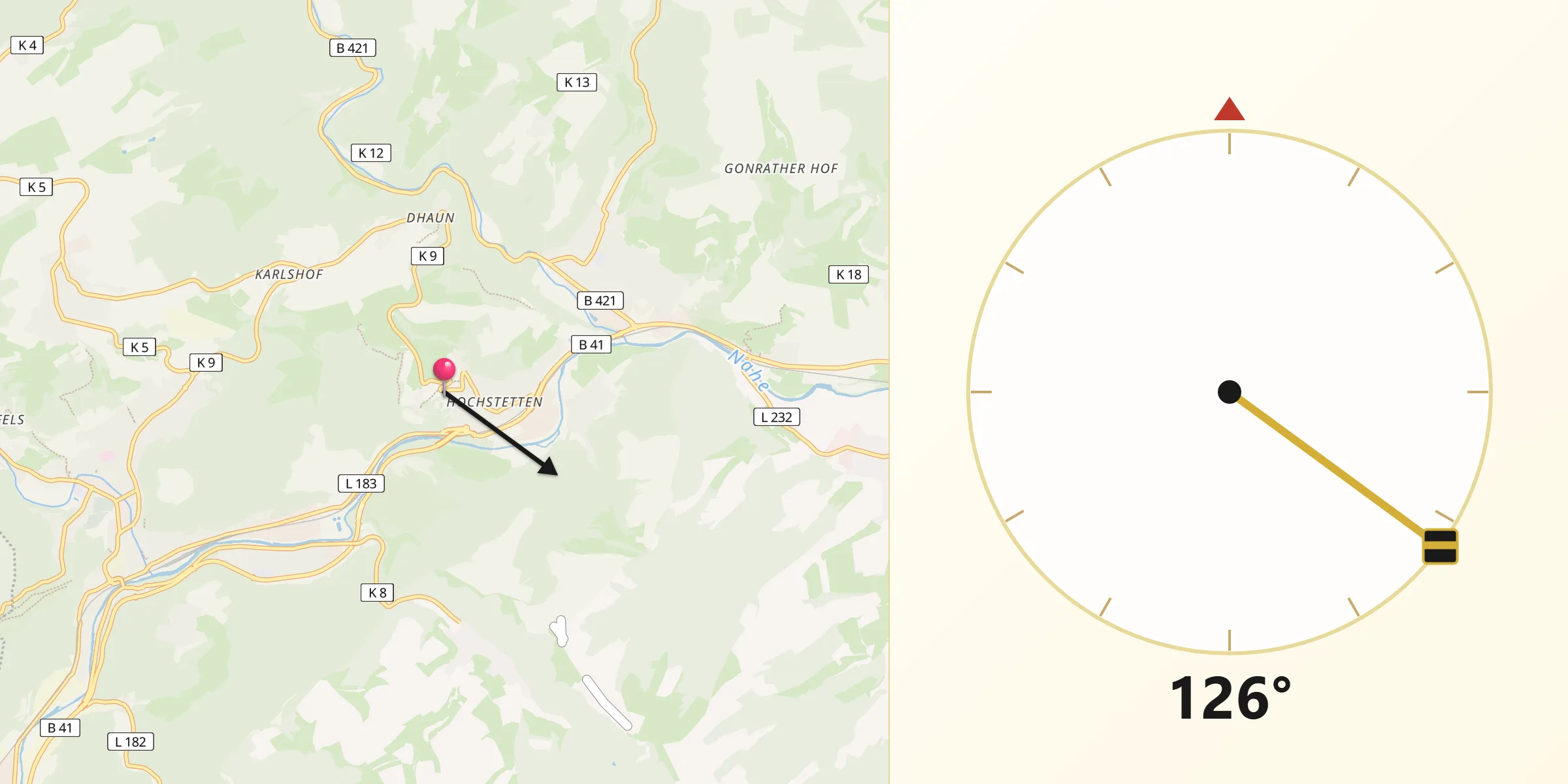 Qibla-Richtung von Hochstetten-Dhaun