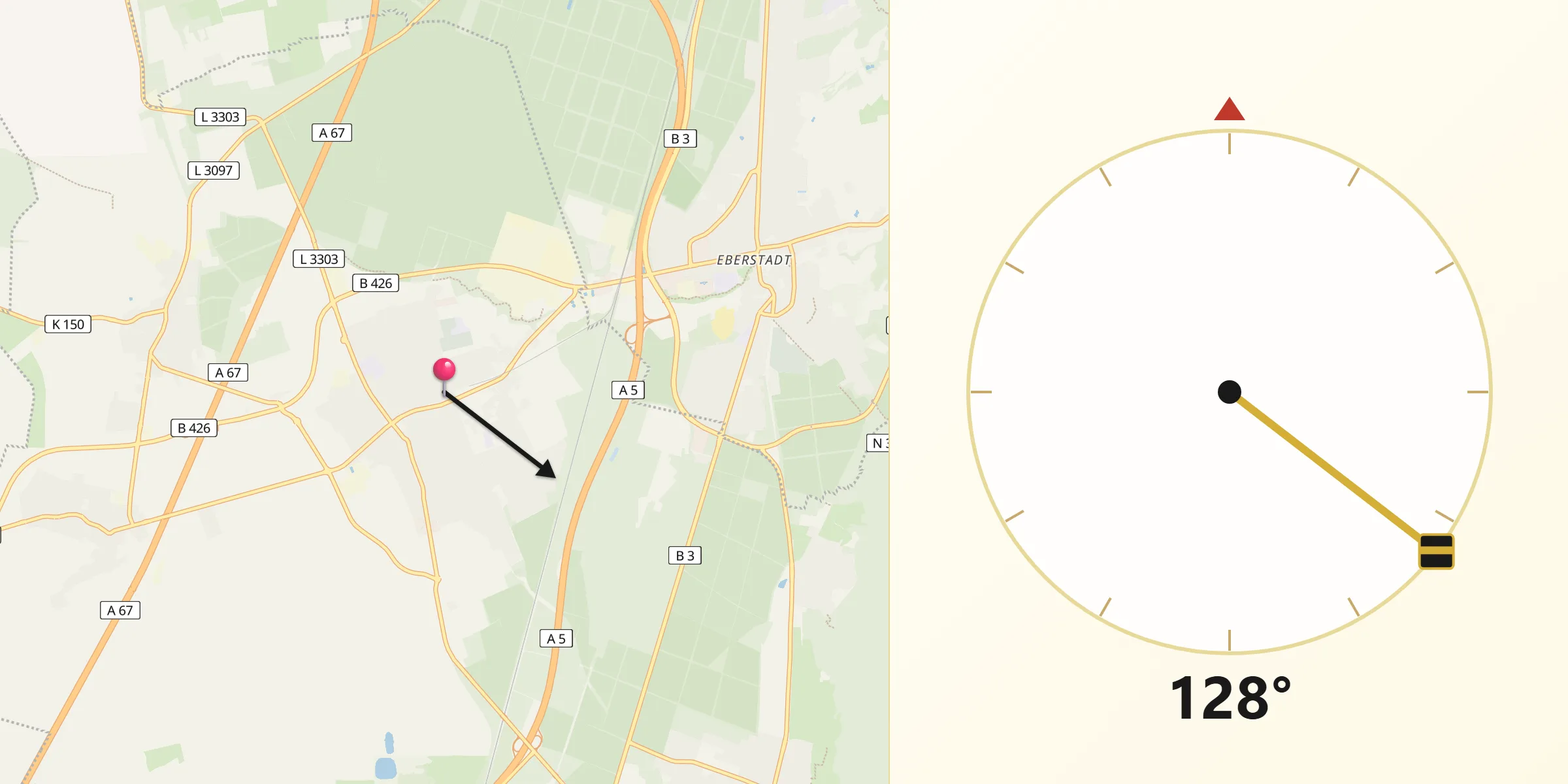 Qibla-Richtung von Pfungstadt