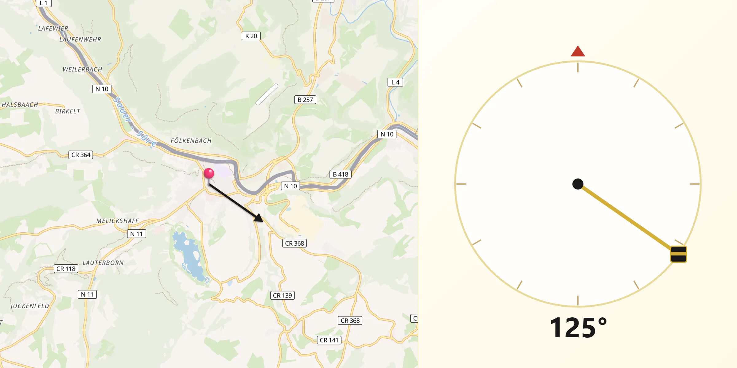 Direction vers la Qibla depuis Echternach