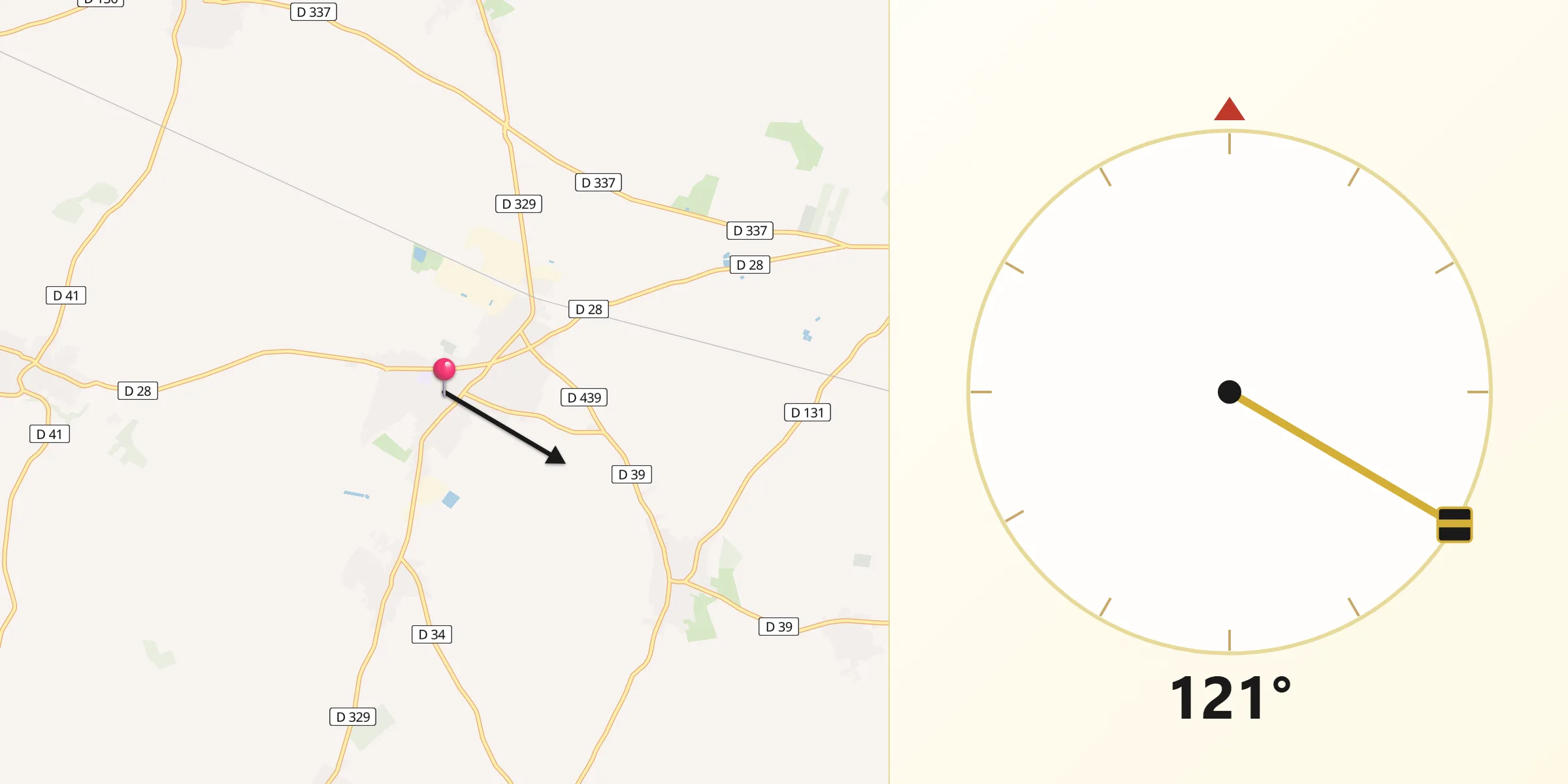 Direction vers la Qibla depuis Rosières-en-Santerre
