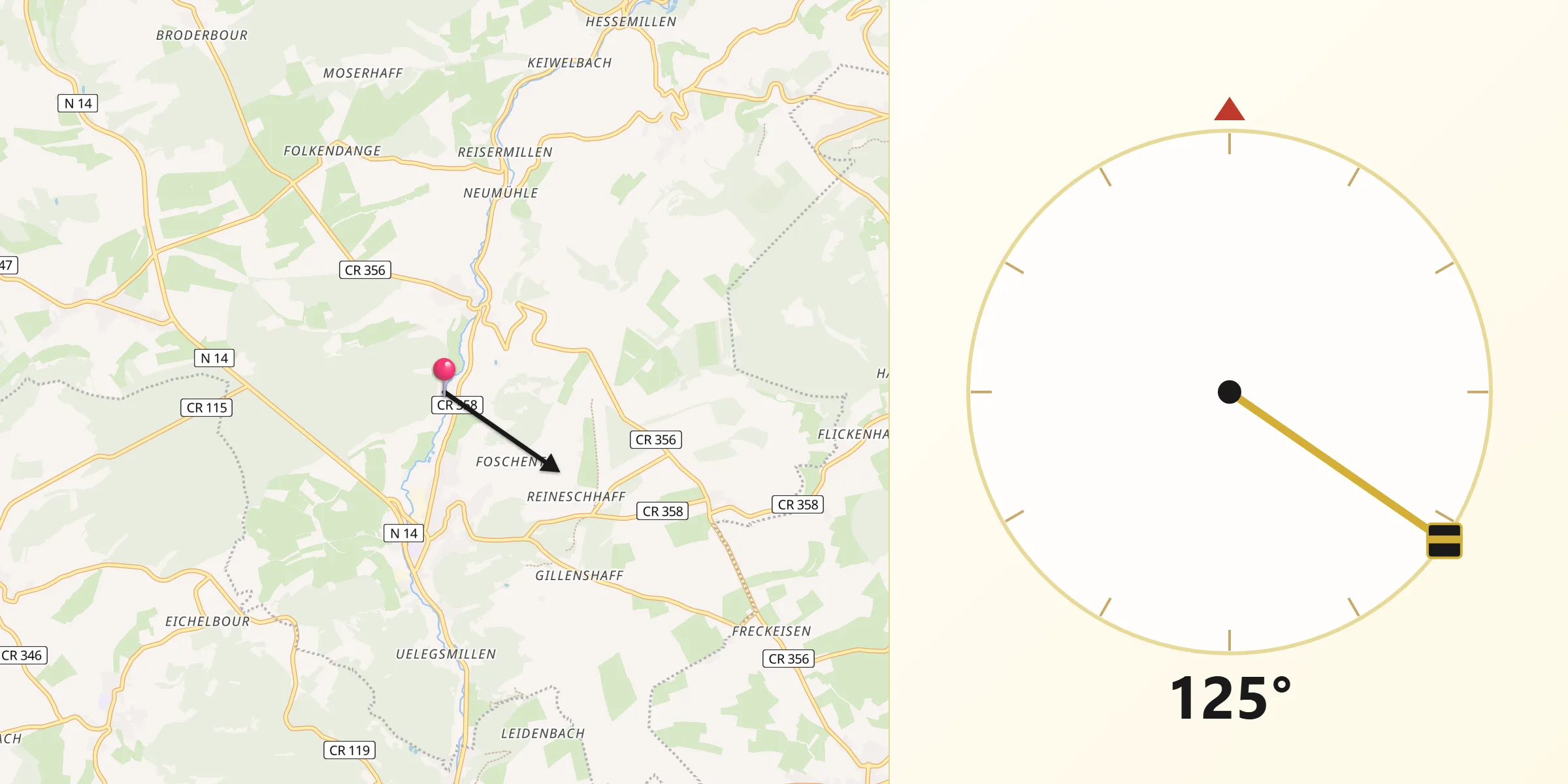Direction vers la Qibla depuis Commune de la Vallée de l’Ernz