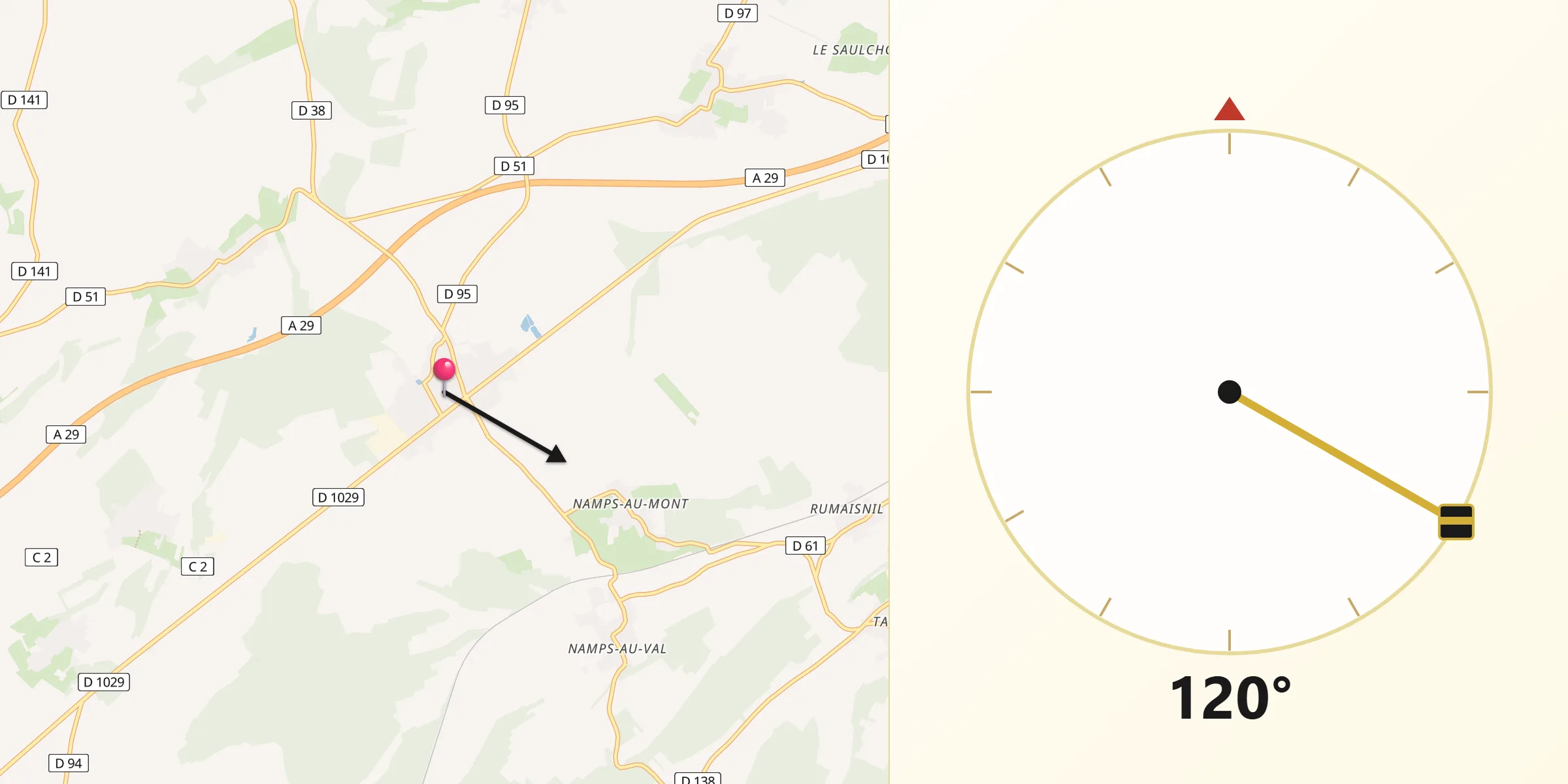 Direction vers la Qibla depuis Quevauvillers