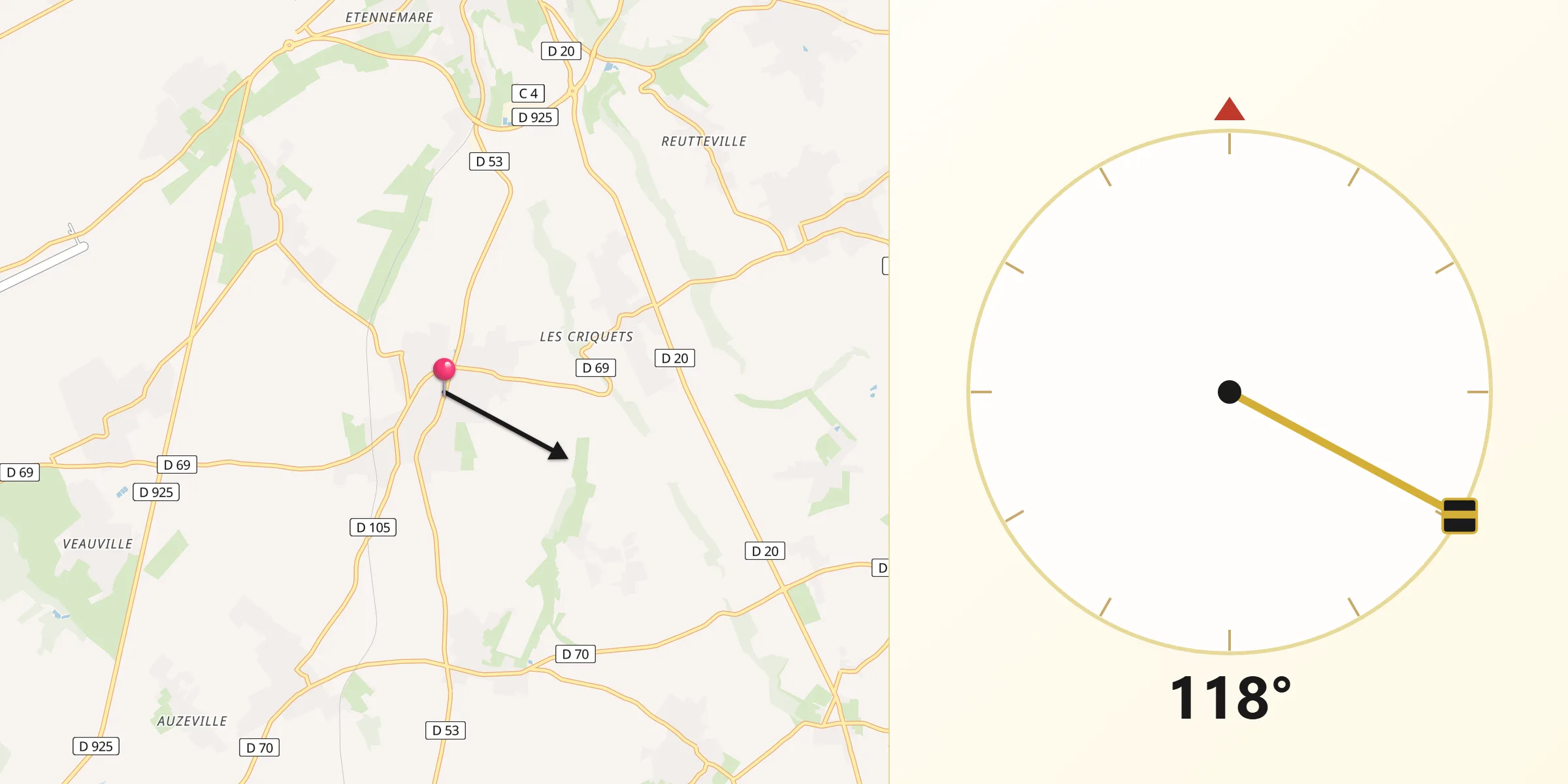 Direction vers la Qibla depuis Néville