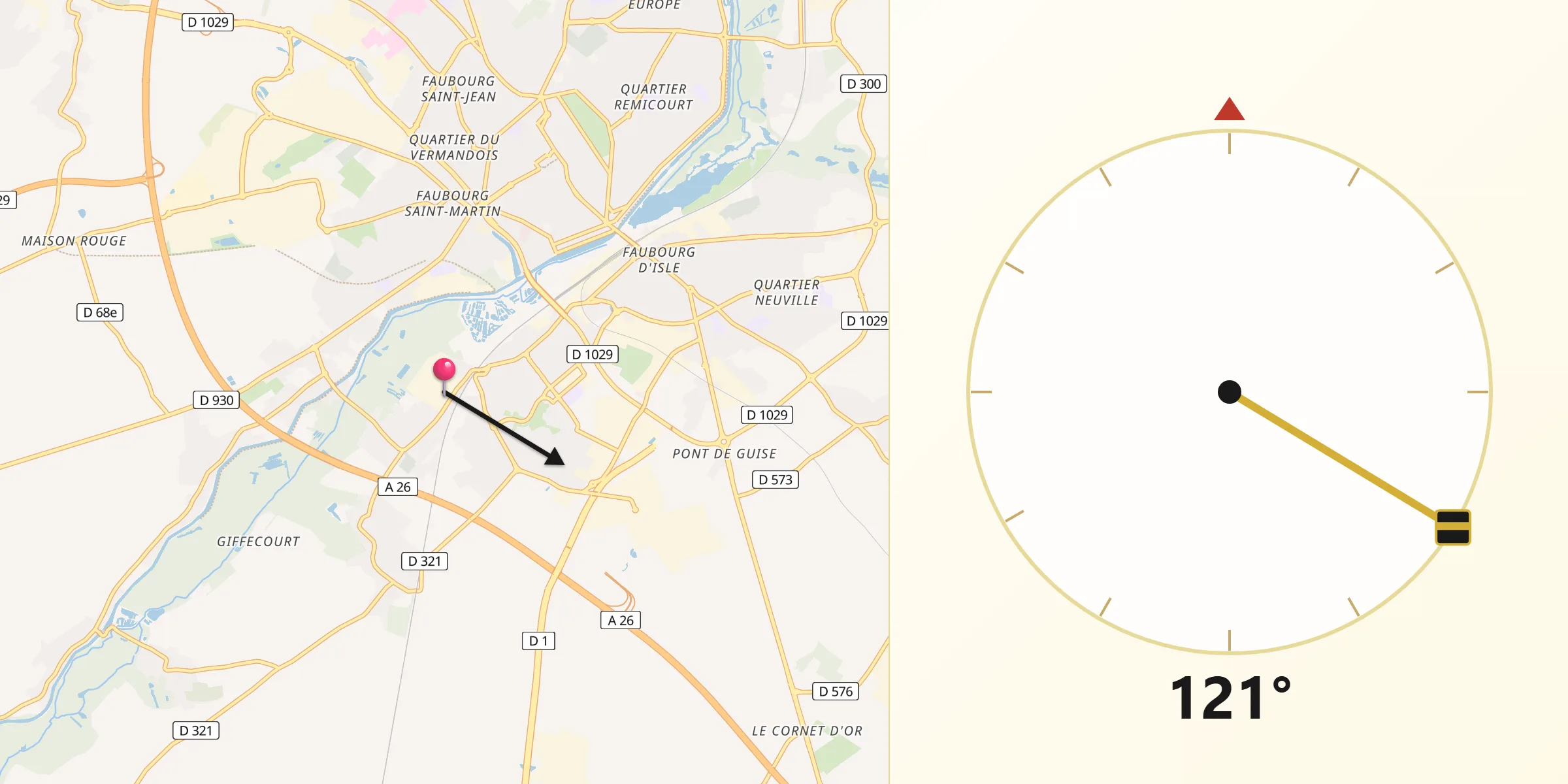 Direction vers la Qibla depuis Gauchy