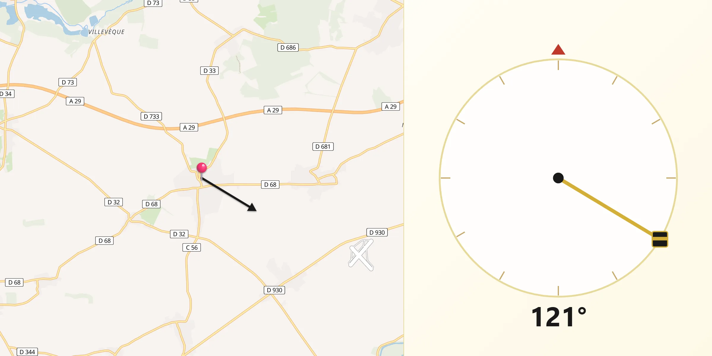 Direction vers la Qibla depuis Étreillers