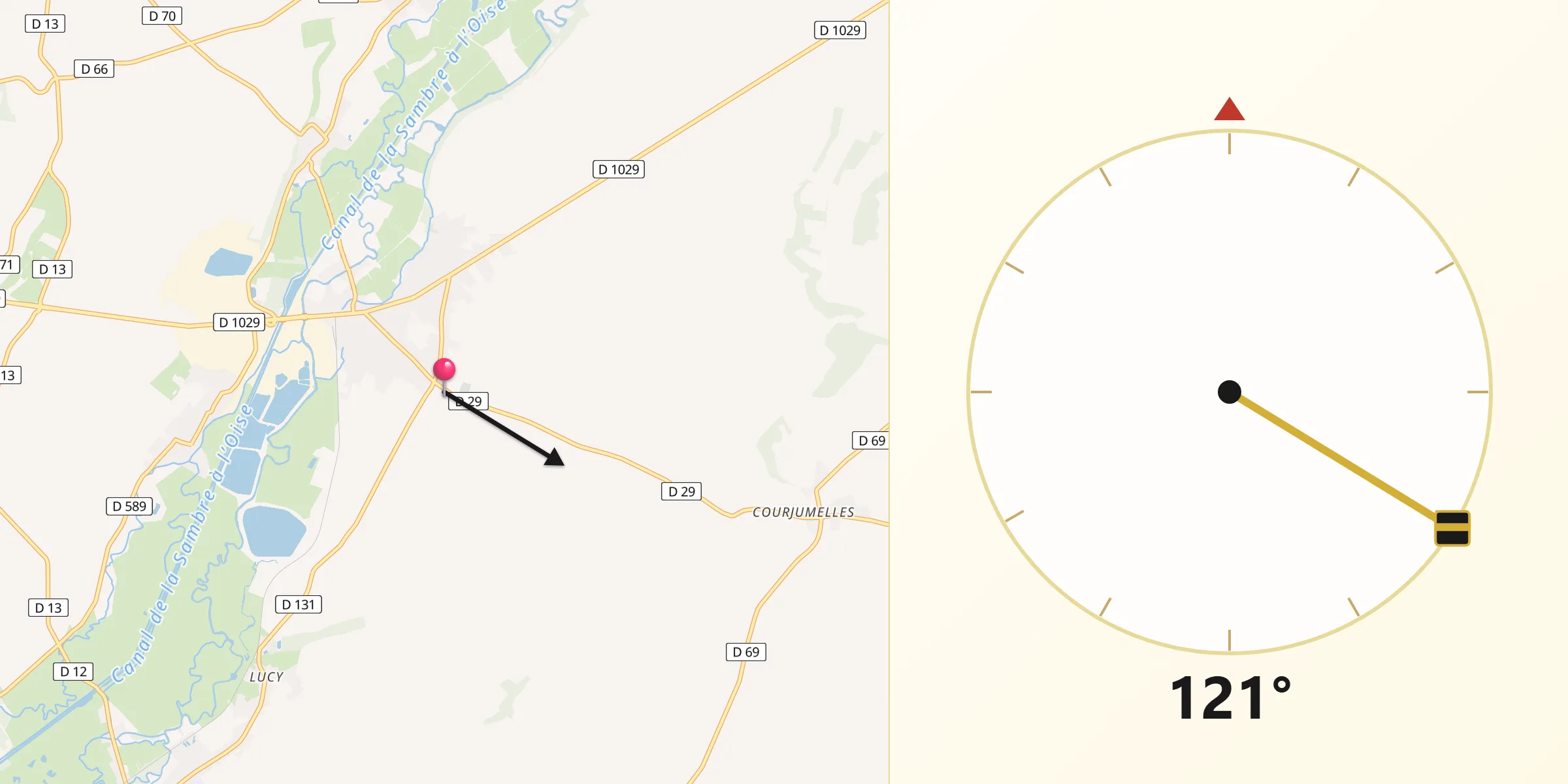 Direction vers la Qibla depuis Origny-Sainte-Benoite
