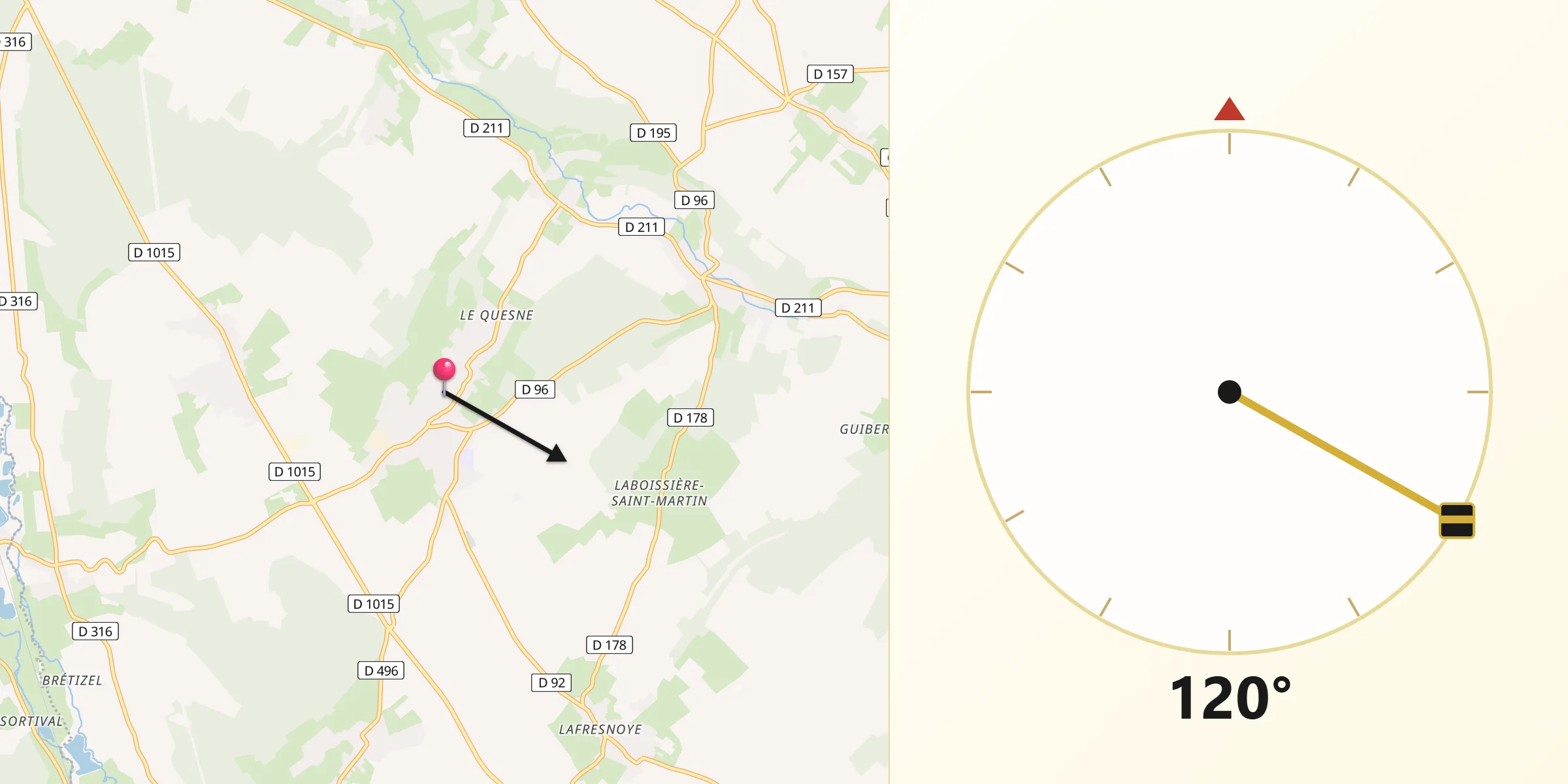 Direction vers la Qibla depuis Beaucamps-le-Vieux