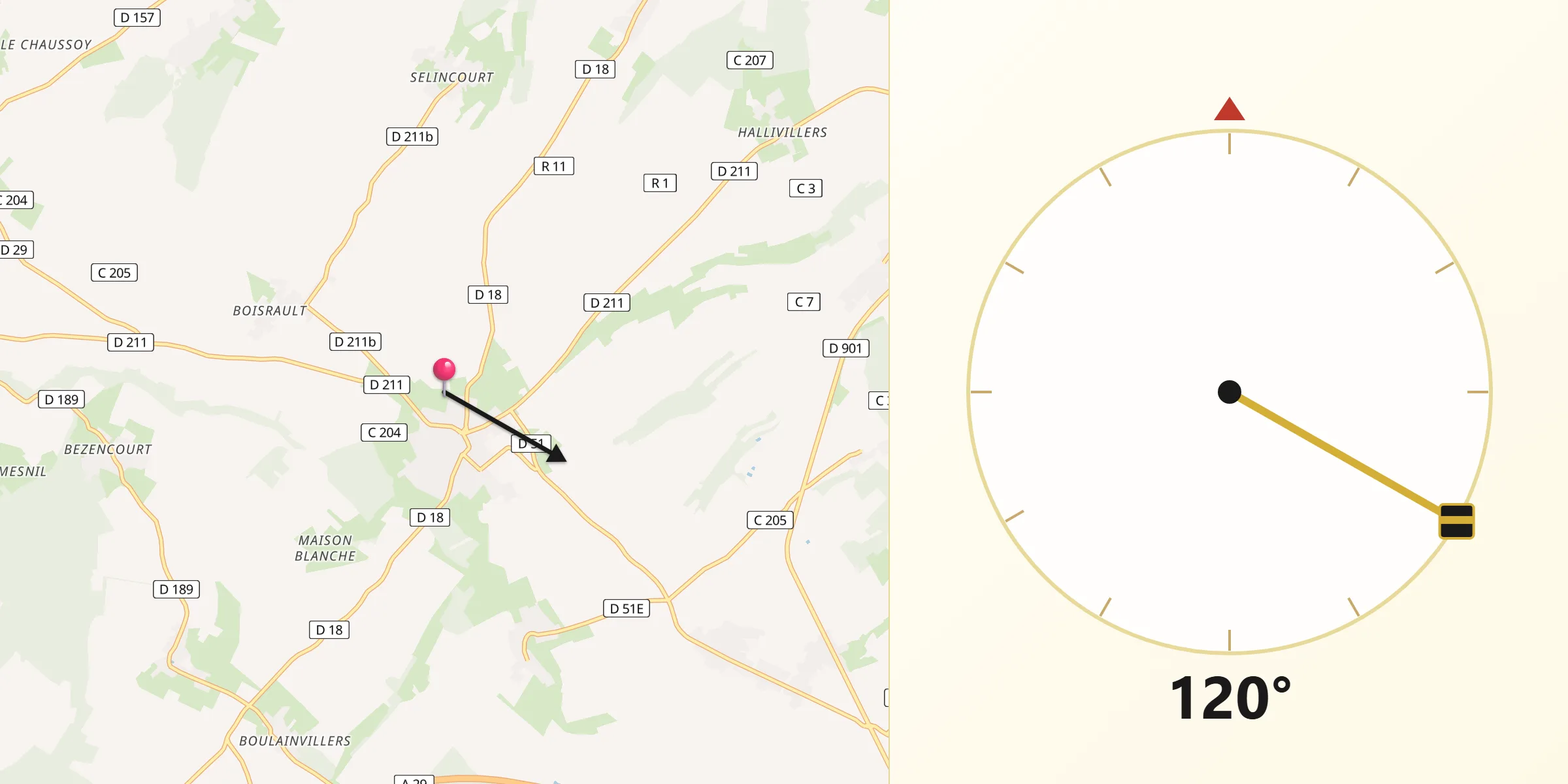 Direction vers la Qibla depuis Hornoy-le-Bourg