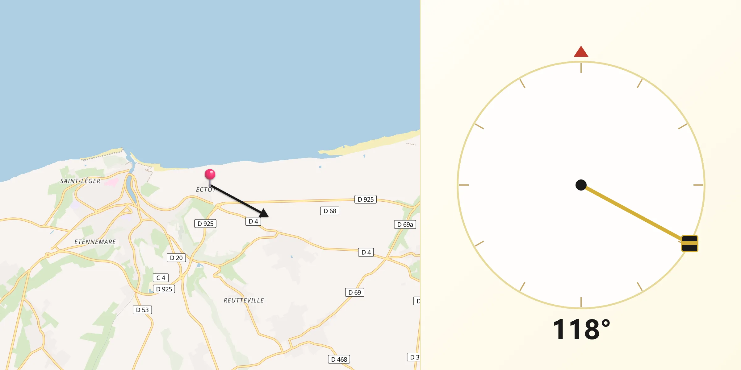 Direction vers la Qibla depuis Saint-Valery-en-Caux
