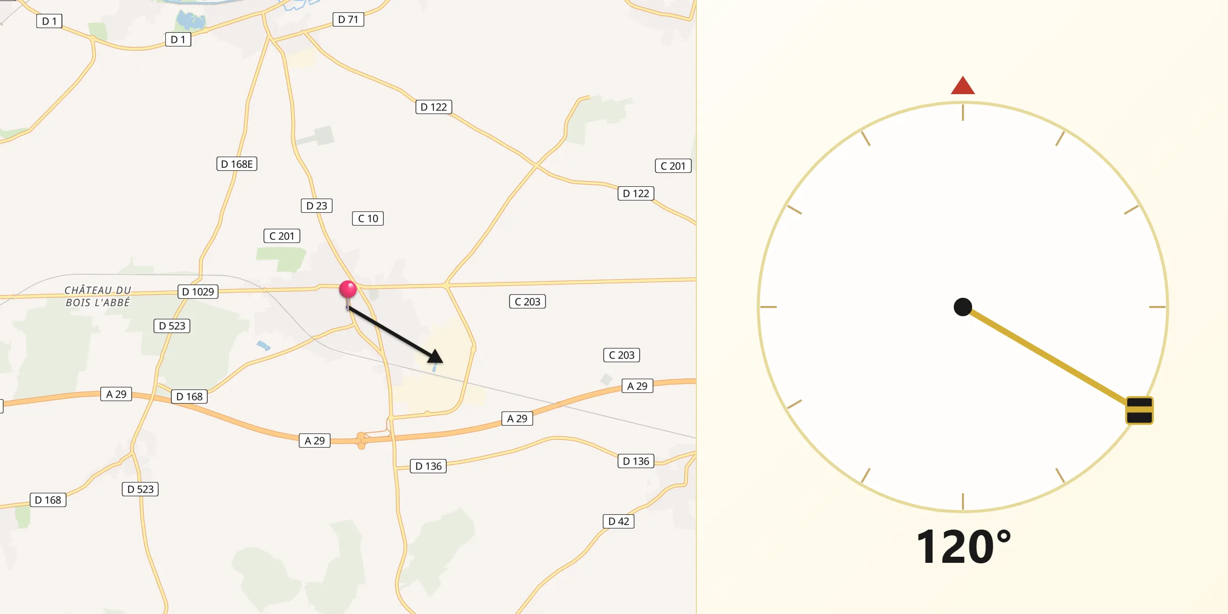 Direction vers la Qibla depuis Villers-Bretonneux