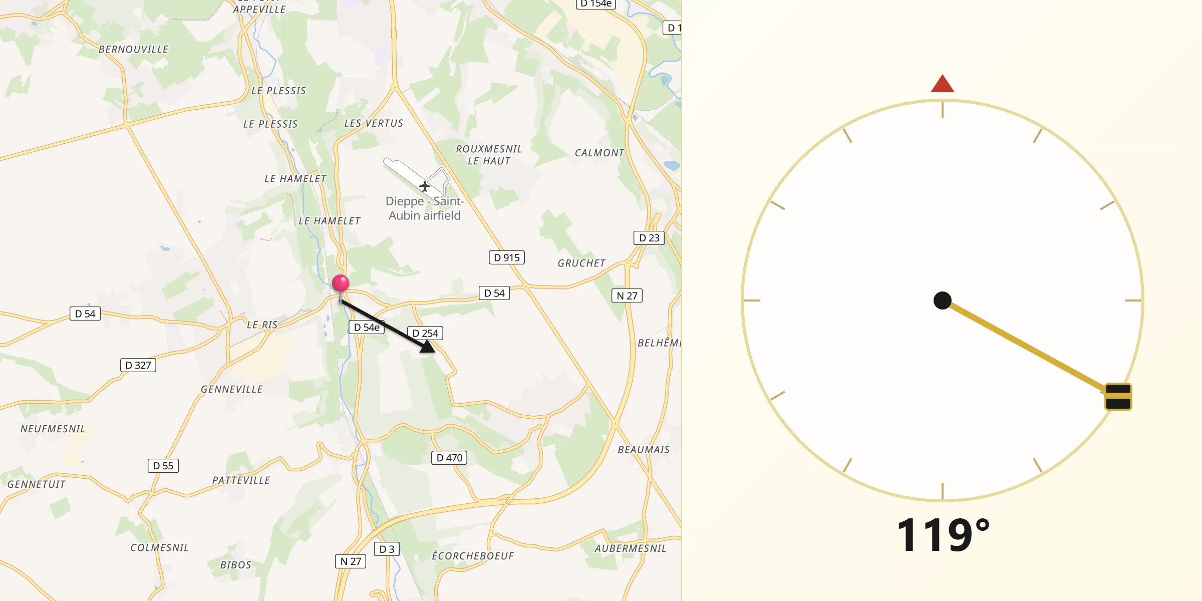 Direction vers la Qibla depuis Saint-Aubin-sur-Scie