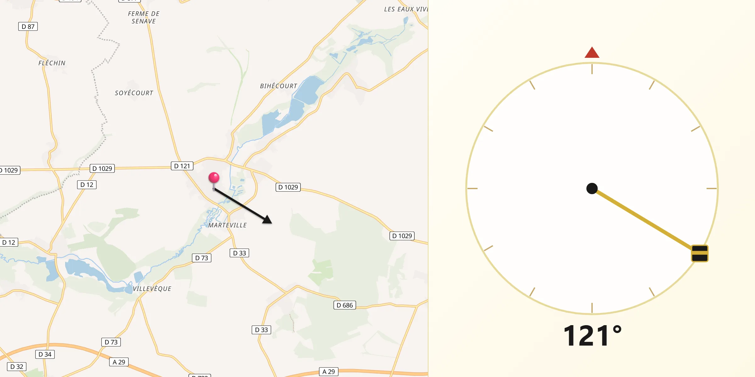 Direction vers la Qibla depuis Vermand