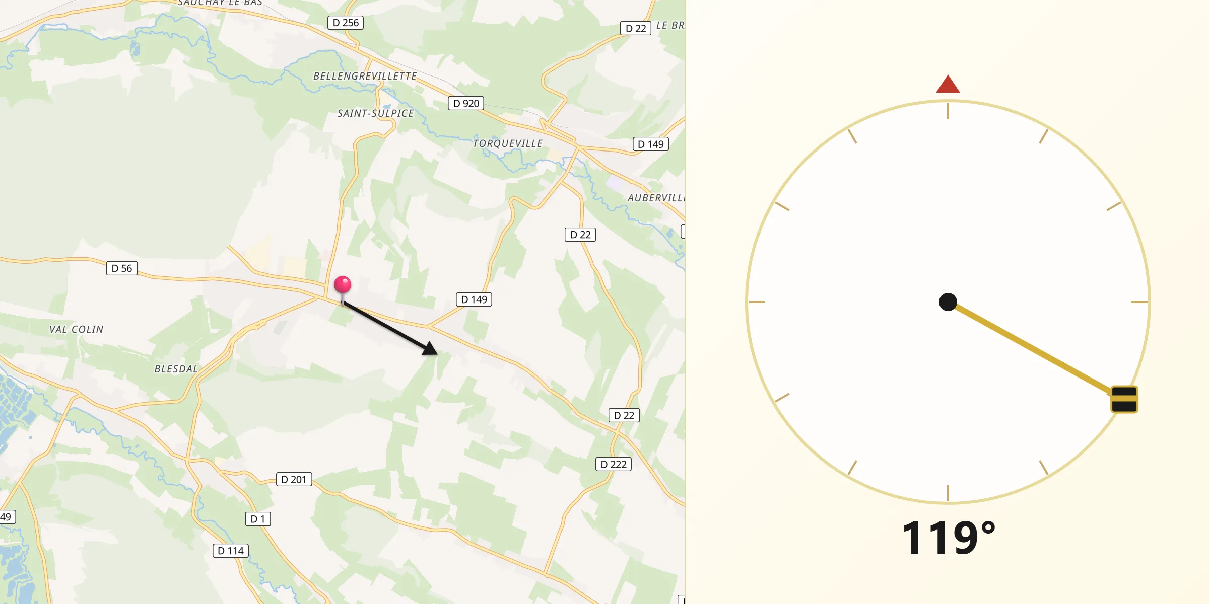 Direction vers la Qibla depuis Saint-Nicolas-d’Aliermont