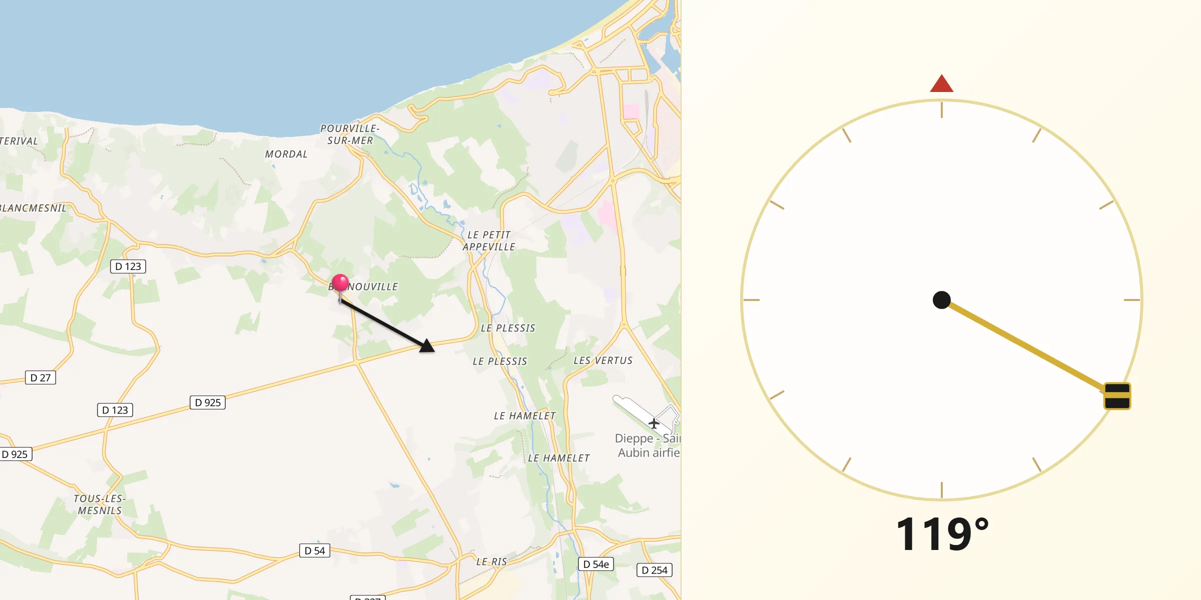 Direction vers la Qibla depuis Hautot-sur-Mer