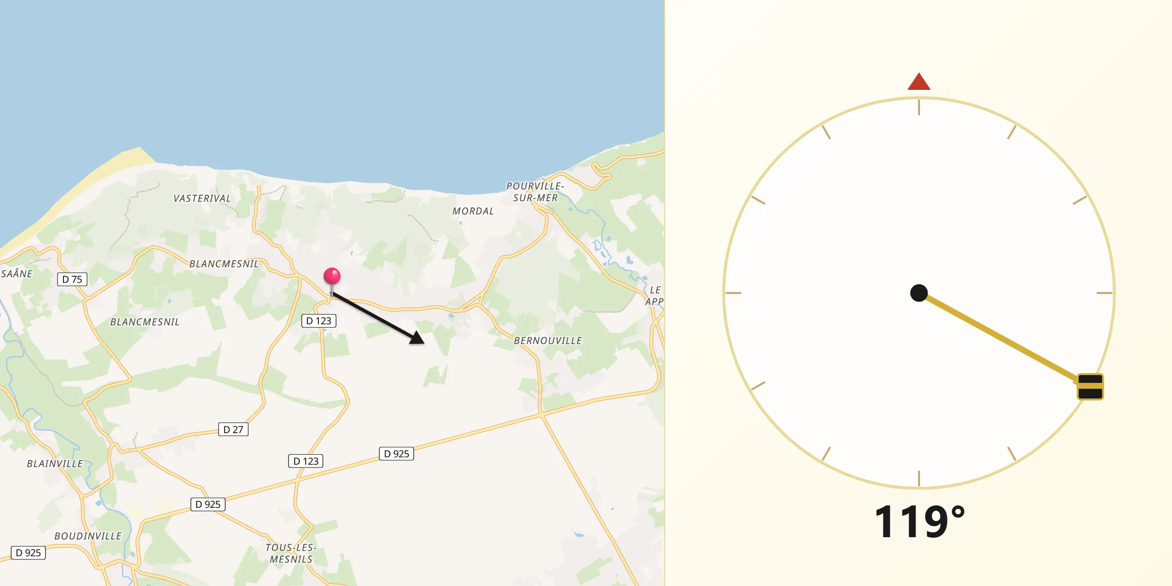 Direction vers la Qibla depuis Varengeville-sur-Mer