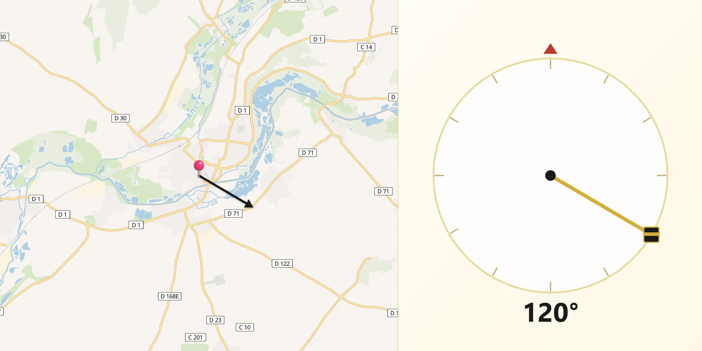 Direction vers la Qibla depuis Corbie