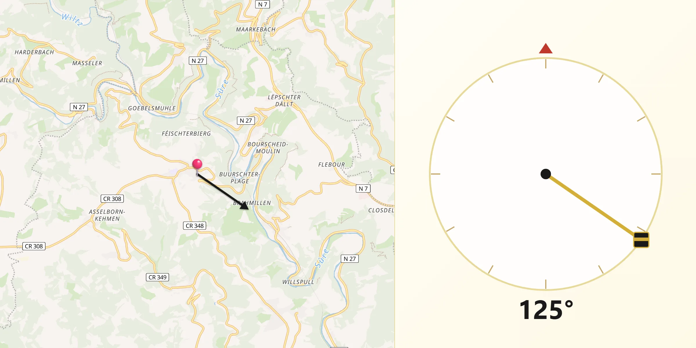 Direction vers la Qibla depuis Bourscheid