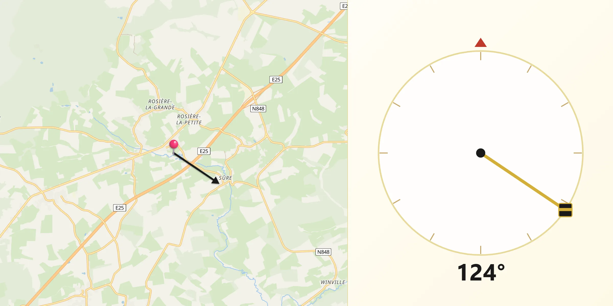 Direction vers la Qibla depuis Vaux-sur-Sûre