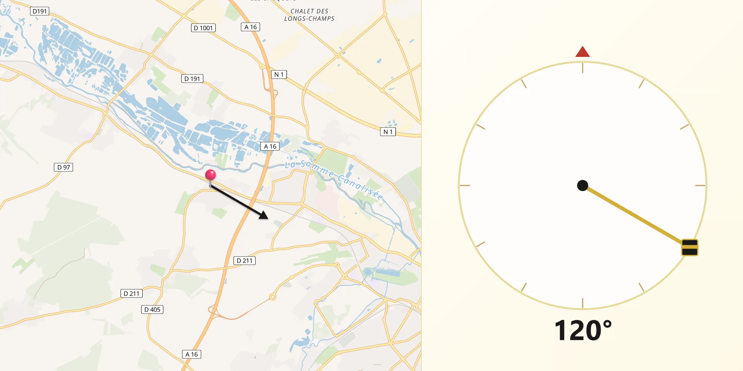Direction vers la Qibla depuis Dreuil-lès-Amiens