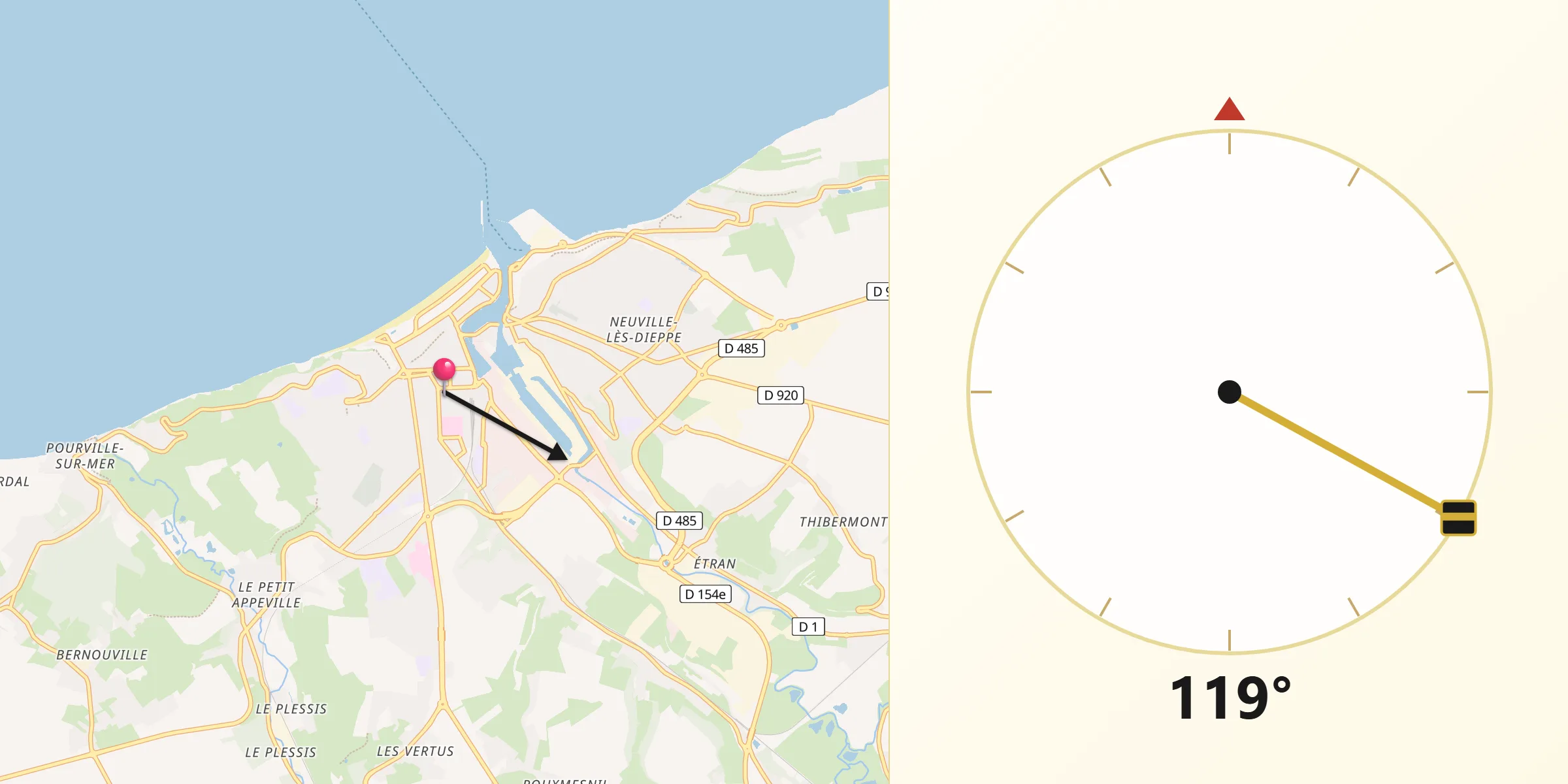 Direction vers la Qibla depuis Dieppe