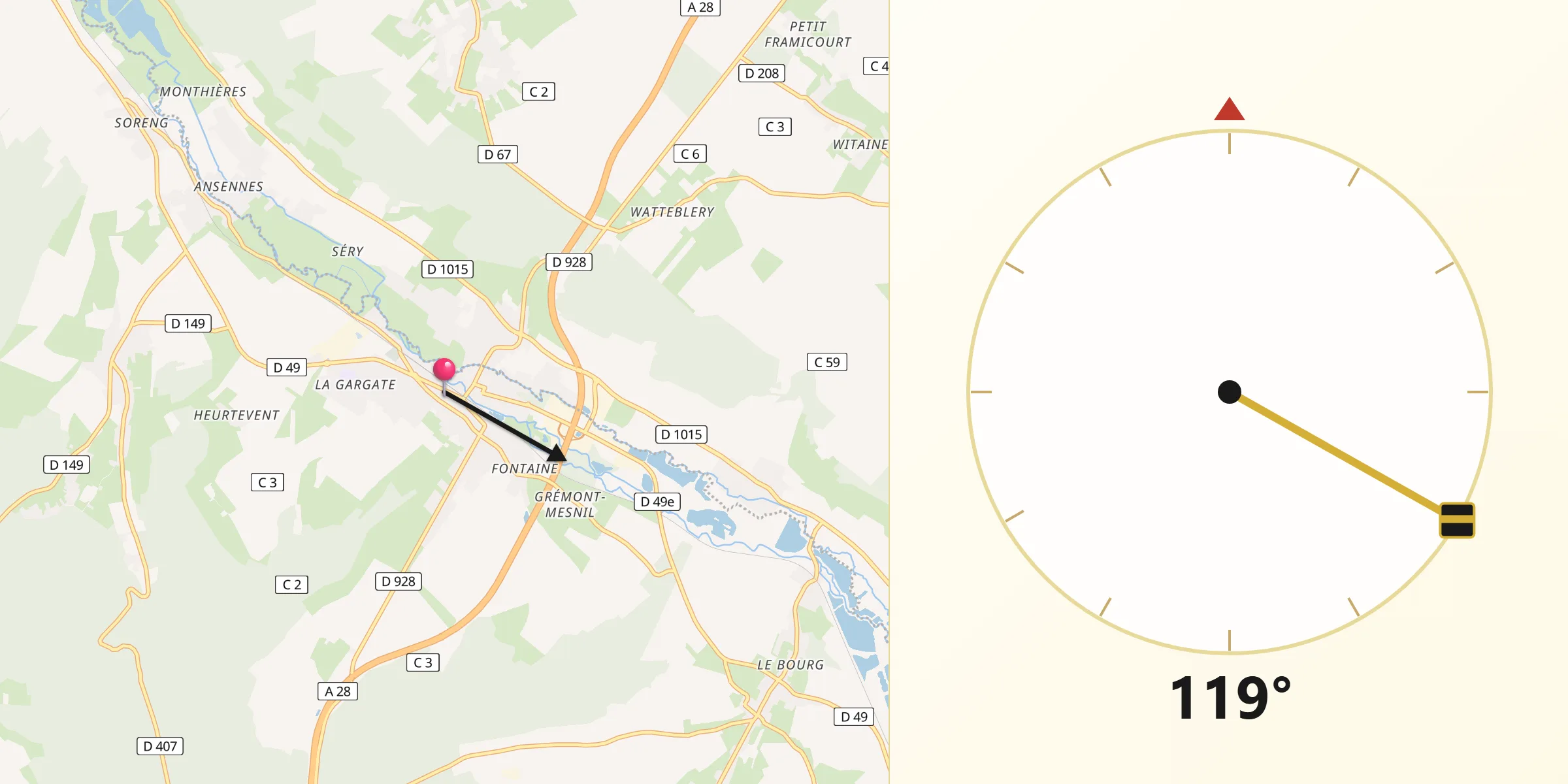 Direction vers la Qibla depuis Blangy-sur-Bresle