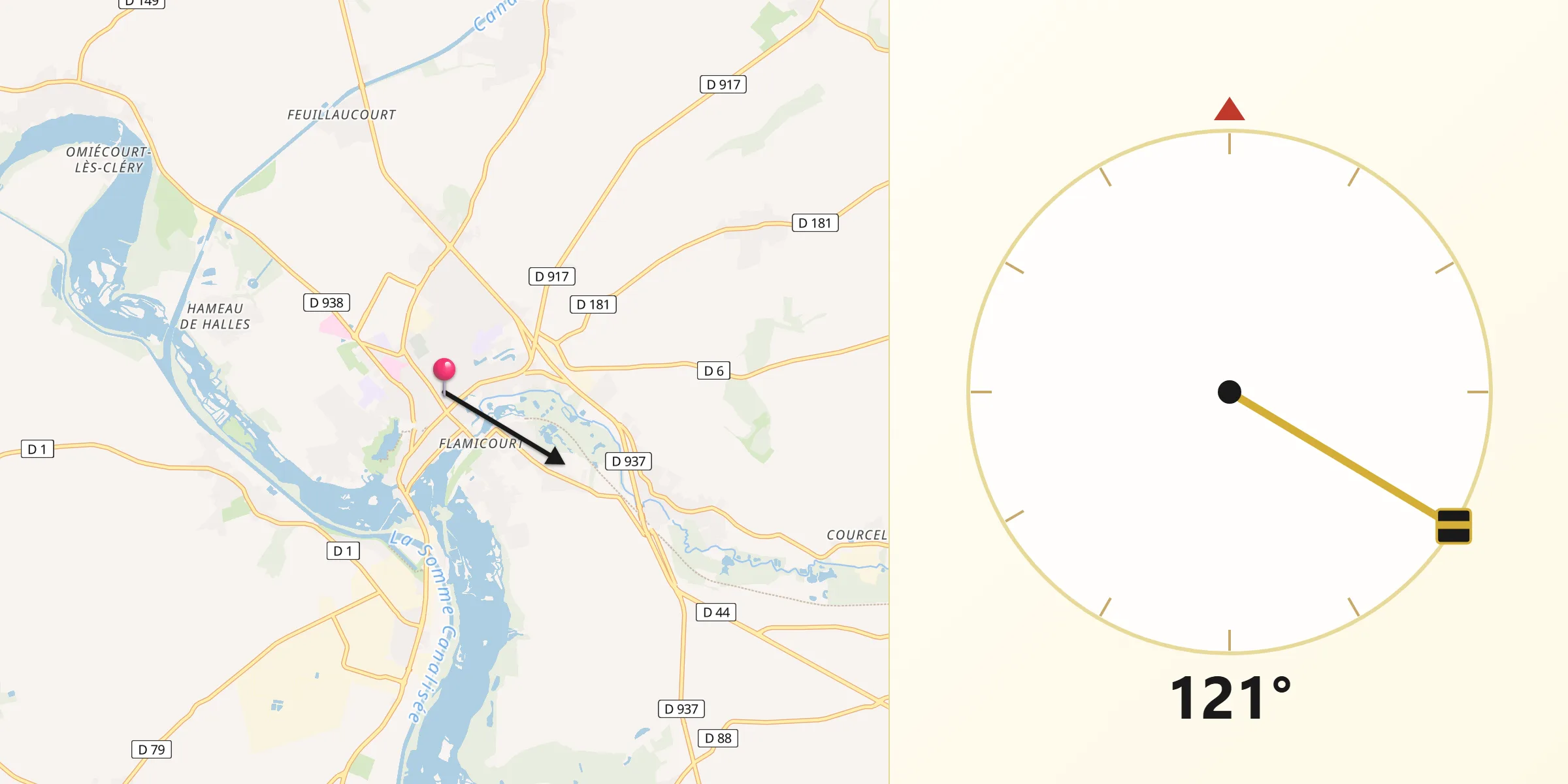 Direction vers la Qibla depuis Péronne