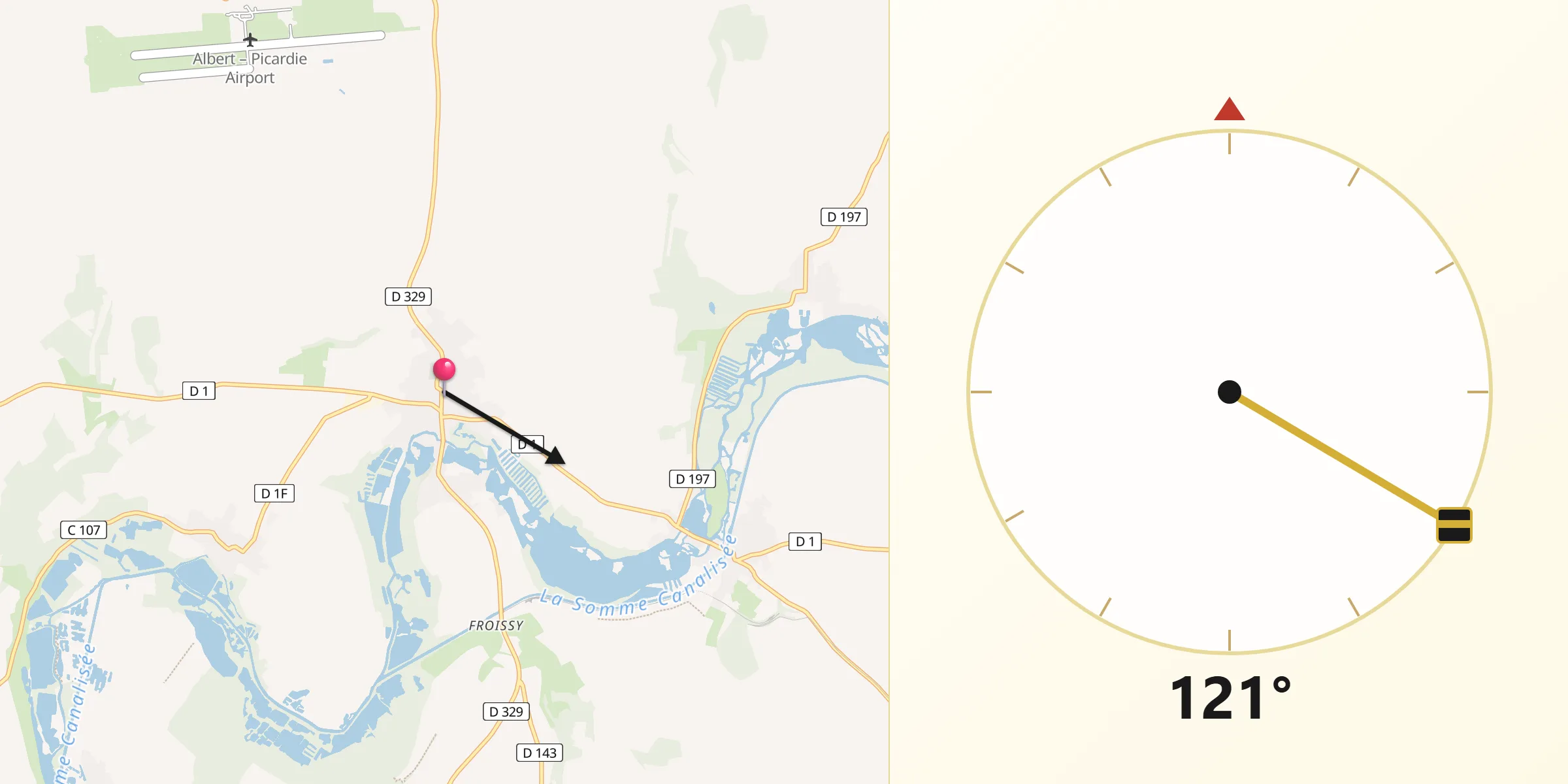 Direction vers la Qibla depuis Bray-sur-Somme