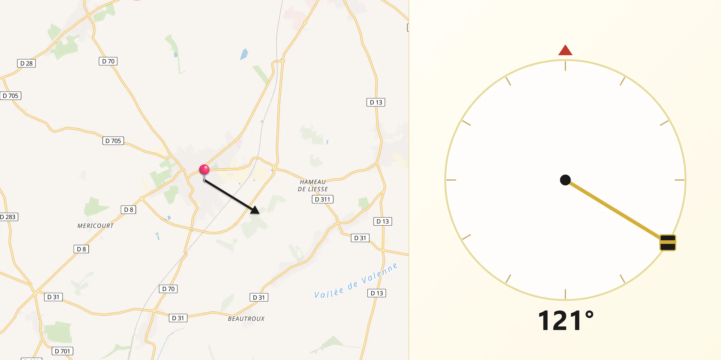 Direction vers la Qibla depuis Fresnoy-le-Grand
