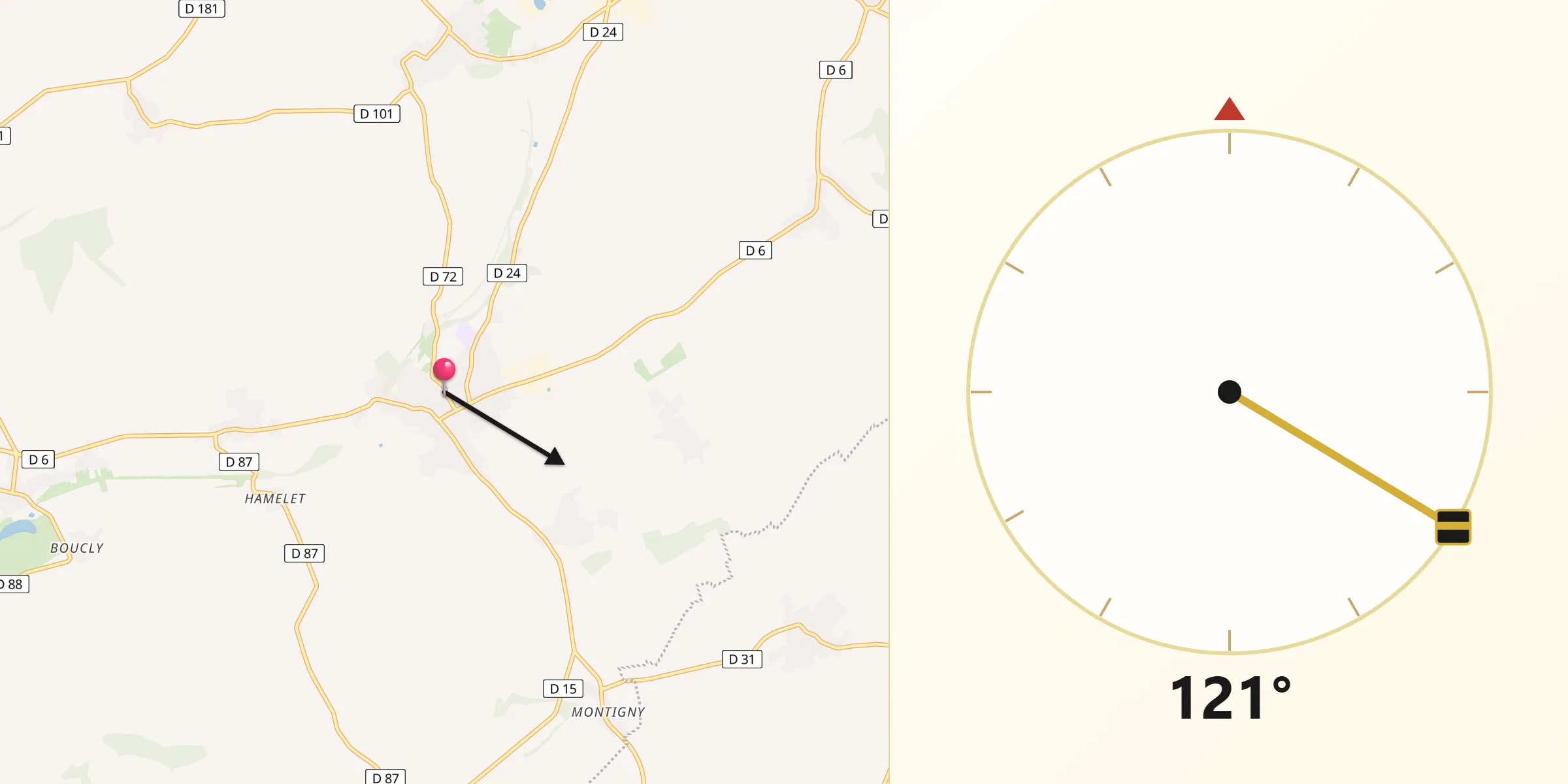 Direction vers la Qibla depuis Roisel