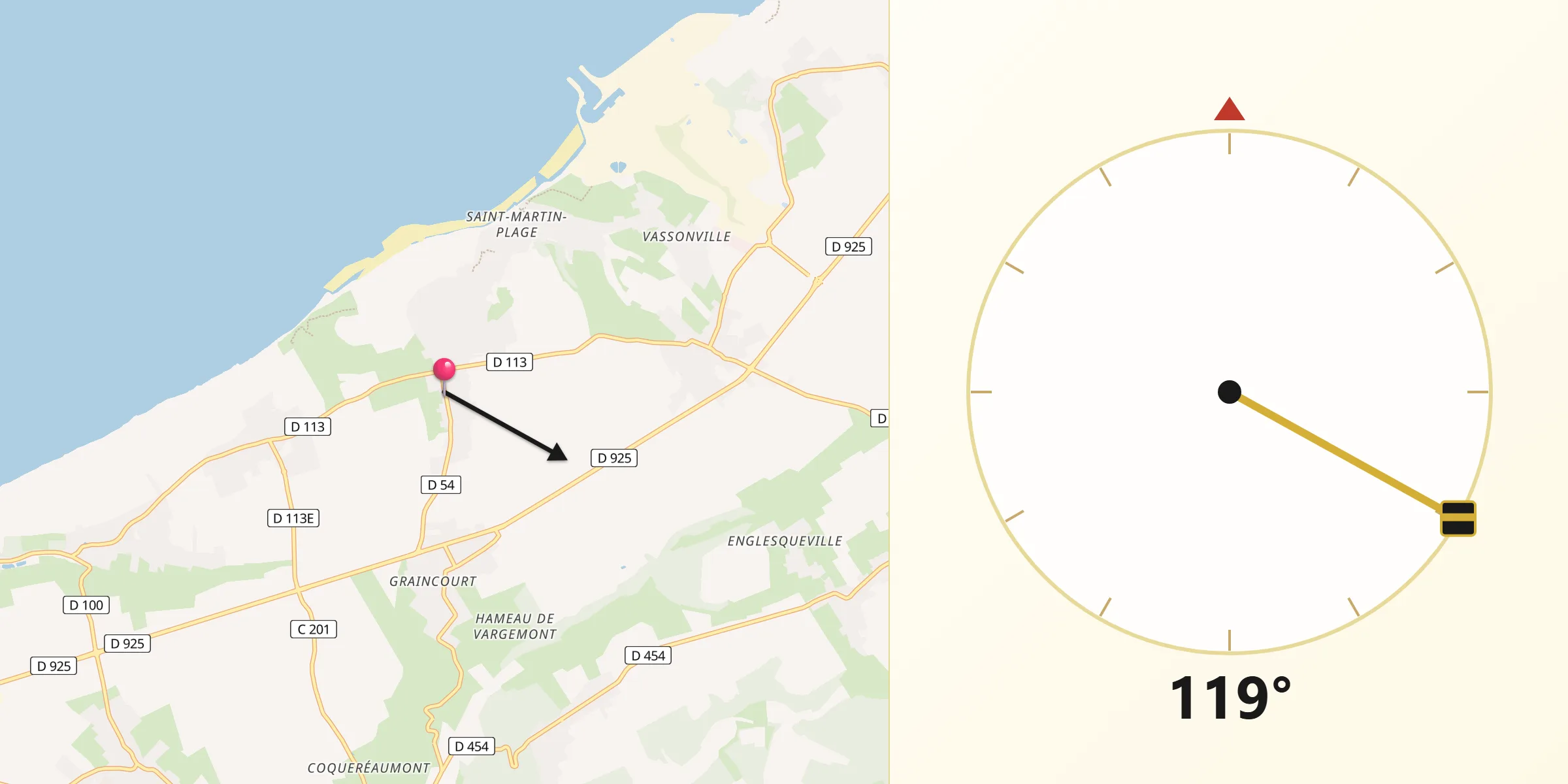 Direction vers la Qibla depuis Berneval-le-Grand