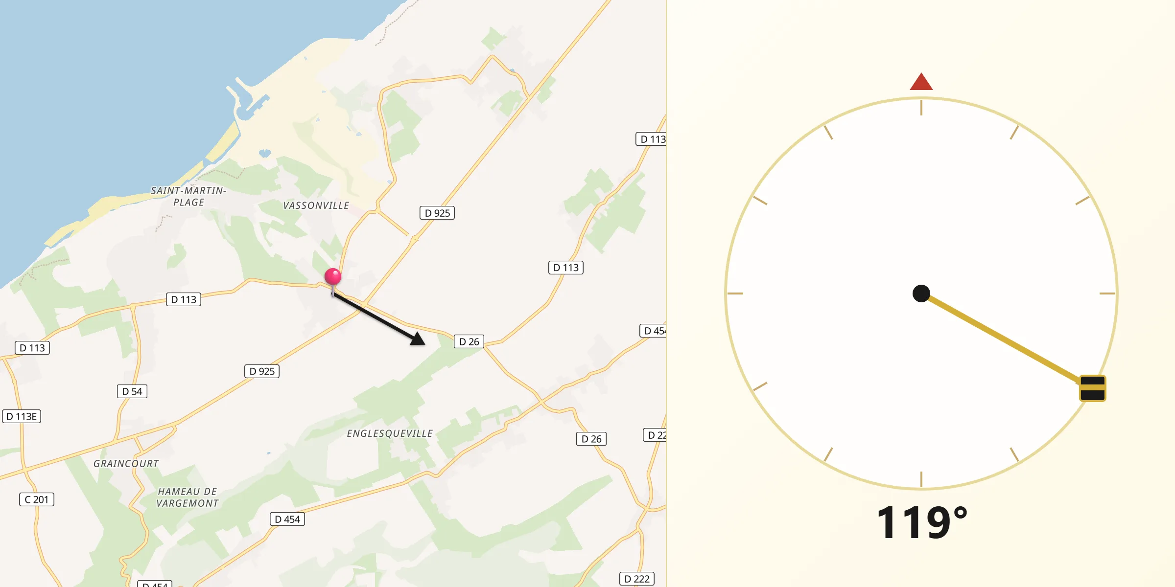 Direction vers la Qibla depuis Saint-Martin-en-Campagne