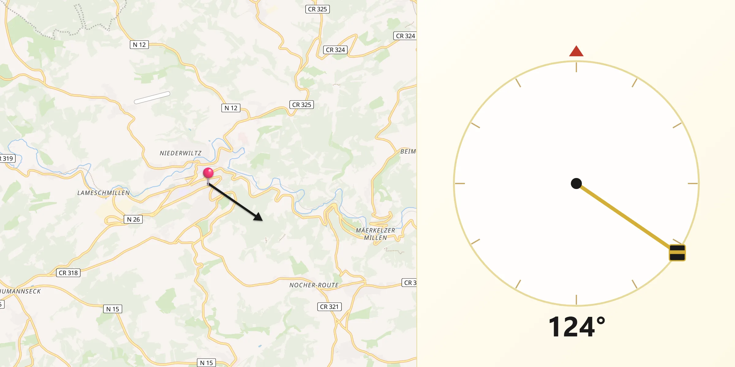 Qibla-Richtung von Wiltz