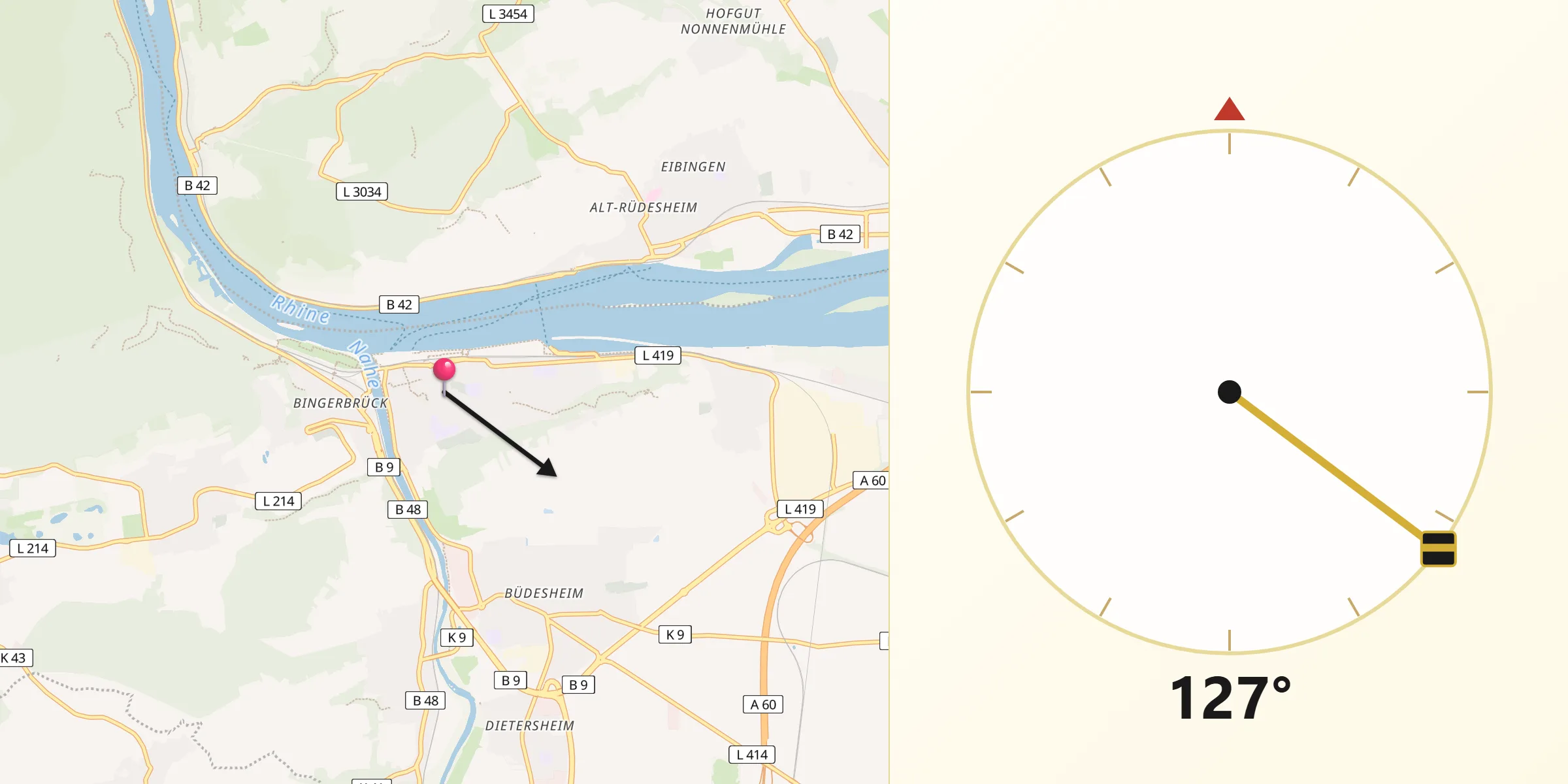 Qibla-Richtung von Bingen am Rhein